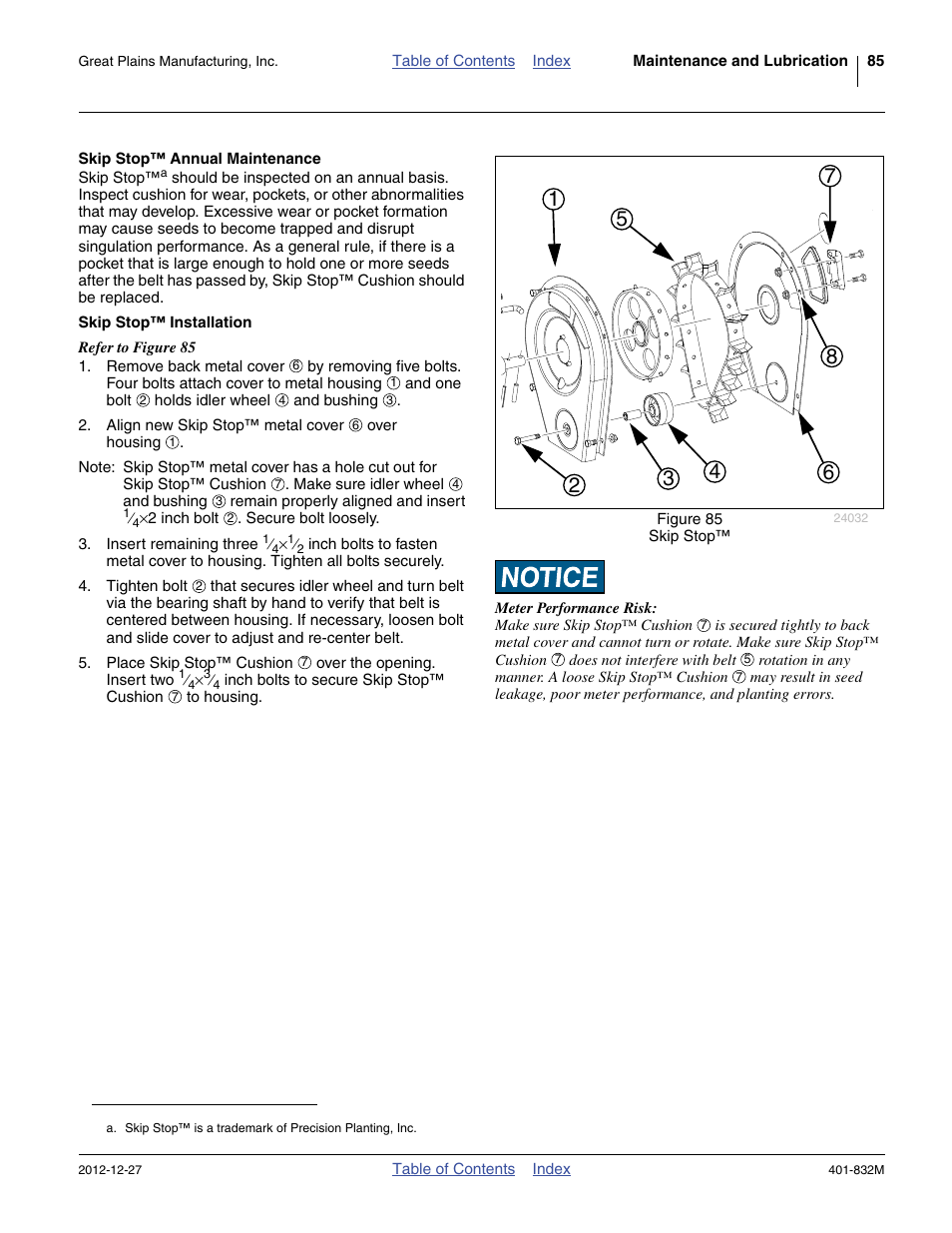 Skip stop™ annual maintenance, Skip stop™ installation | Great Plains YP1630F-1670 Operator Manual User Manual | Page 89 / 138