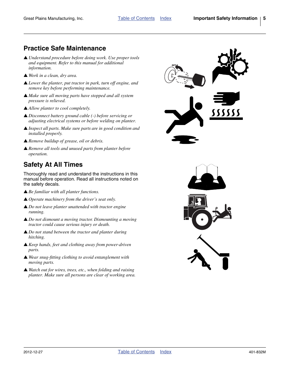 Practice safe maintenance, Safety at all times | Great Plains YP1630F-1670 Operator Manual User Manual | Page 9 / 138