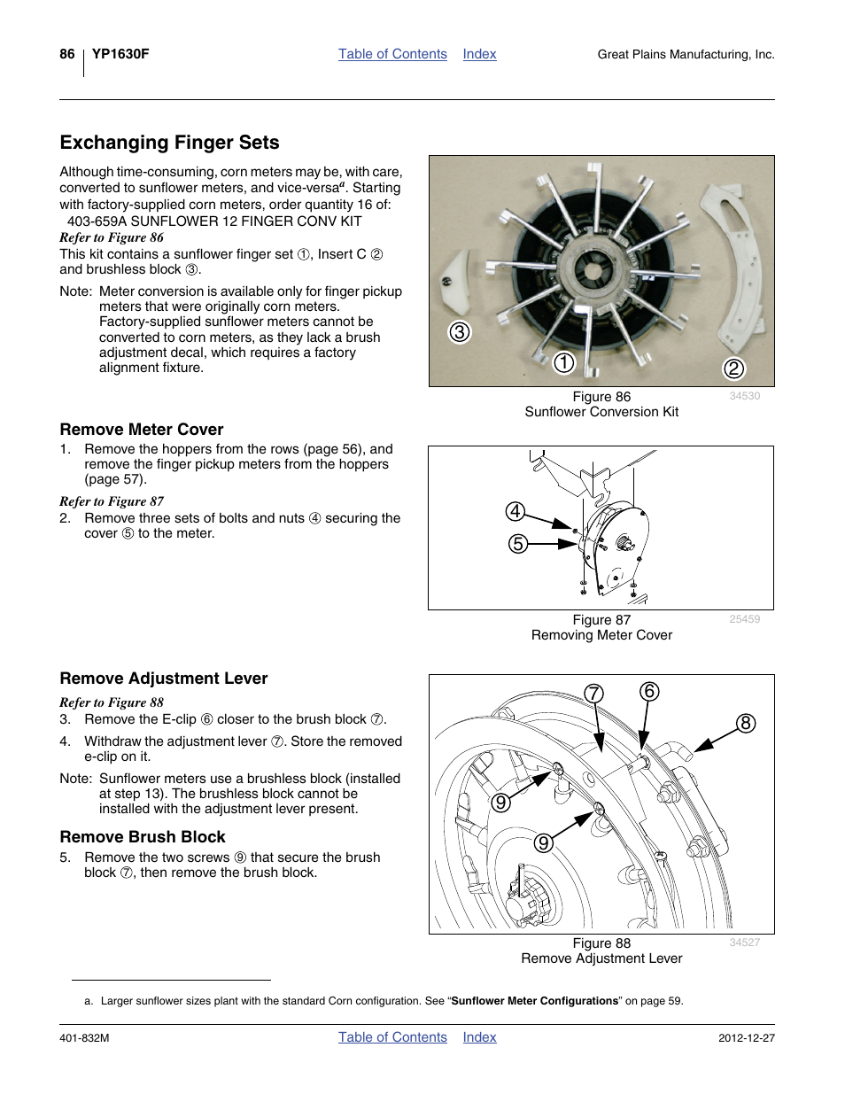 Exchanging finger sets, Remove meter cover, Remove adjustment lever | Remove brush block | Great Plains YP1630F-1670 Operator Manual User Manual | Page 90 / 138