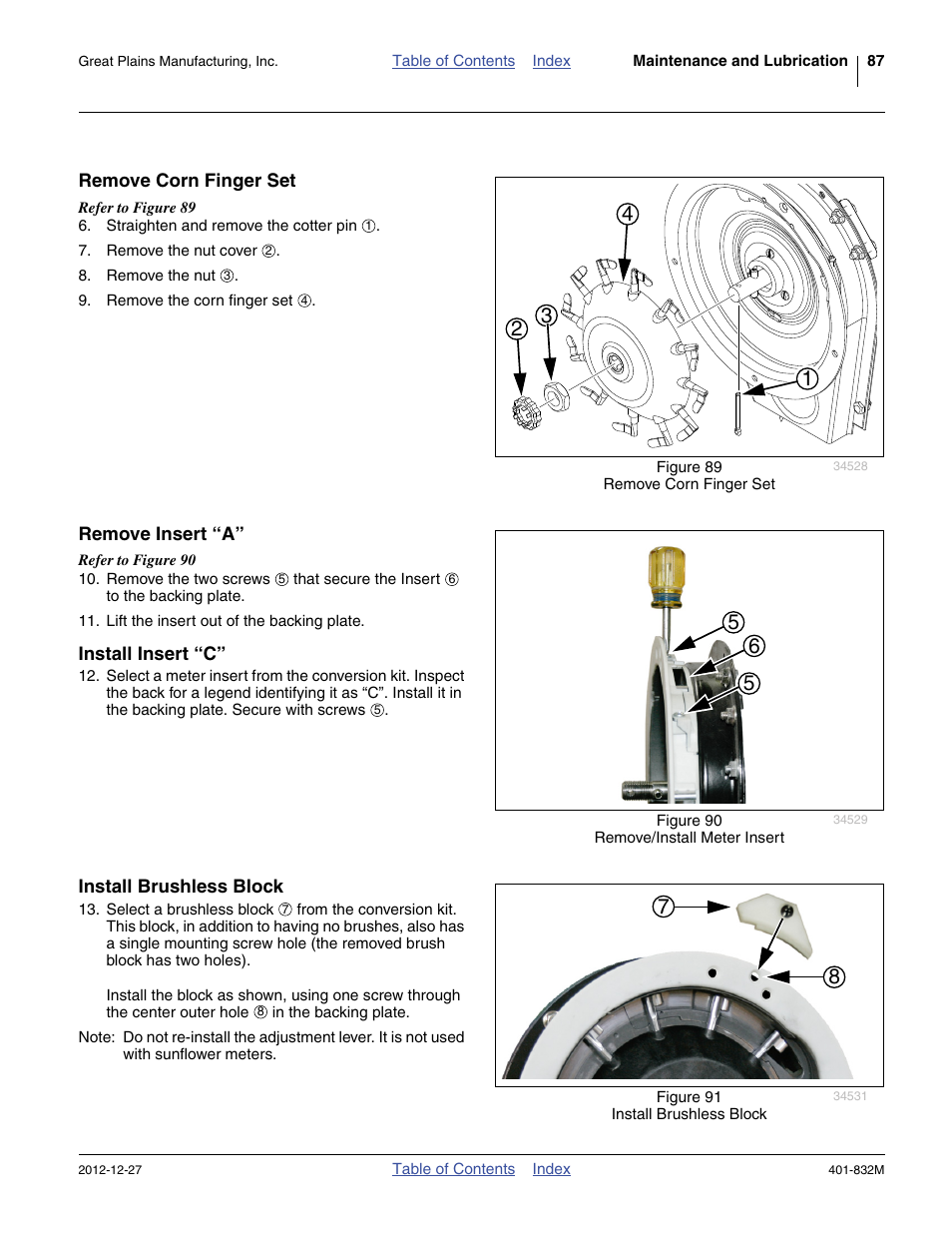 Remove corn finger set, Remove insert “a, Install insert “c | Install brushless block, Step 13) | Great Plains YP1630F-1670 Operator Manual User Manual | Page 91 / 138