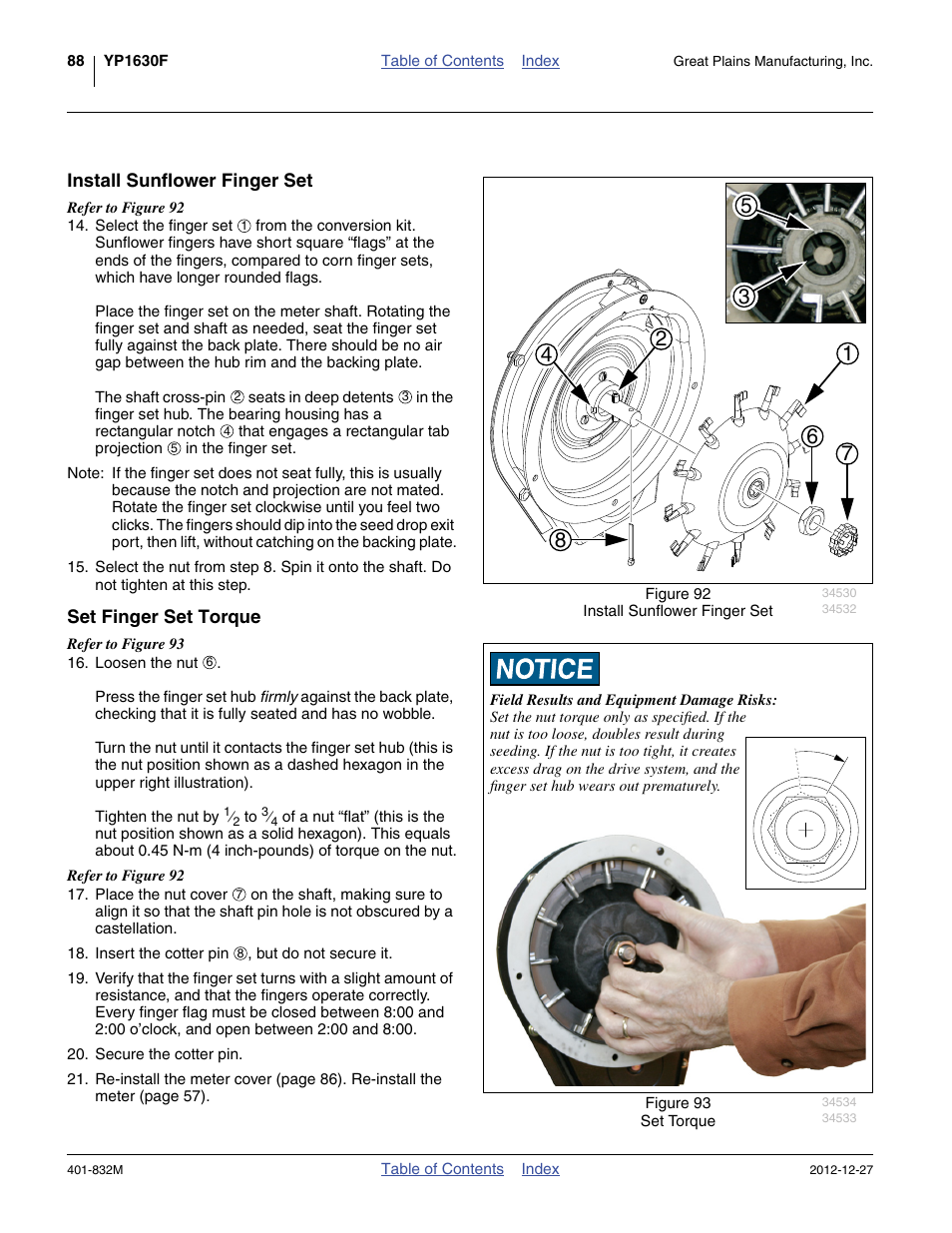 Install sunflower finger set, Set finger set torque | Great Plains YP1630F-1670 Operator Manual User Manual | Page 92 / 138