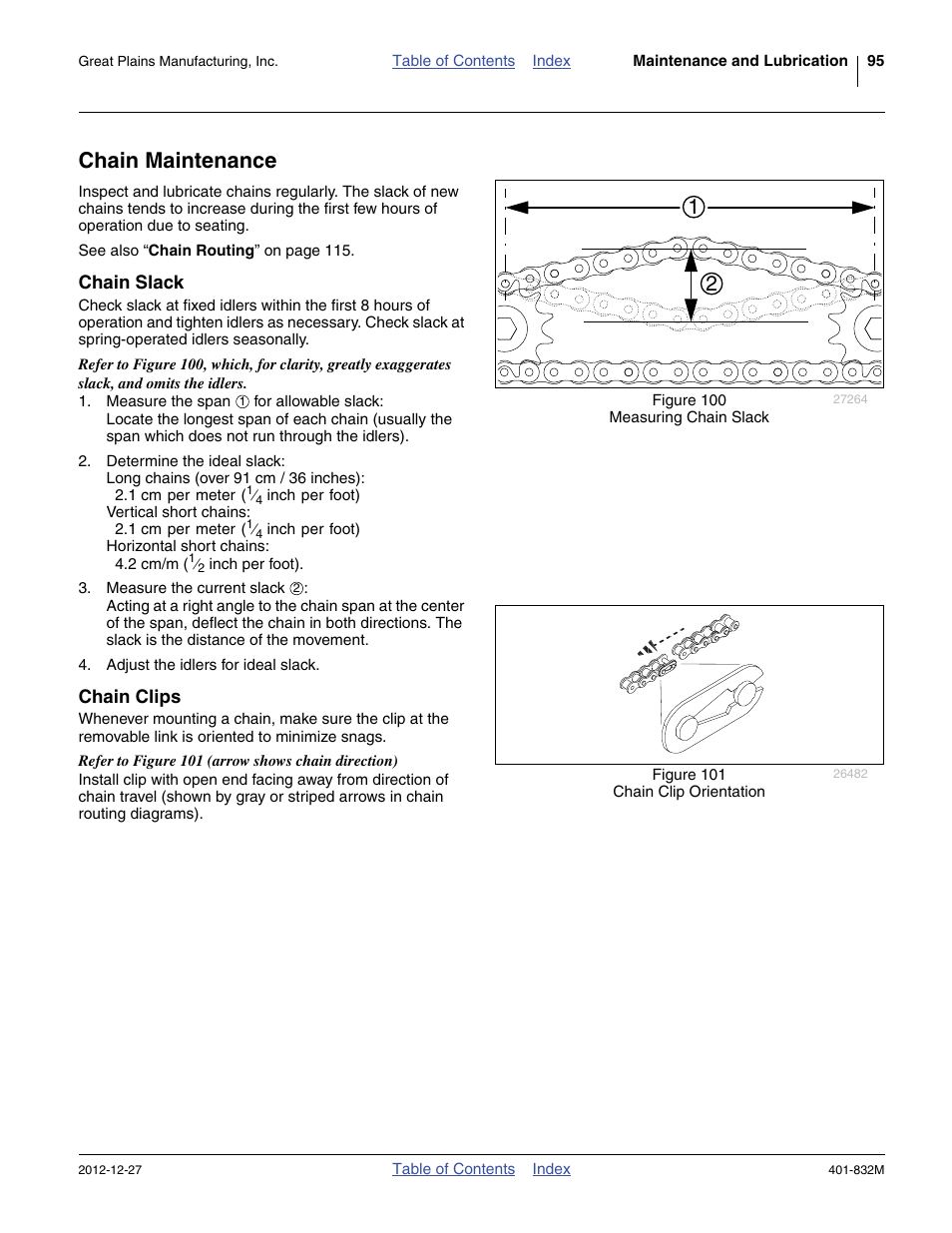 Chain maintenance, Chain slack, Chain clips | Great Plains YP1630F-1670 Operator Manual User Manual | Page 99 / 138