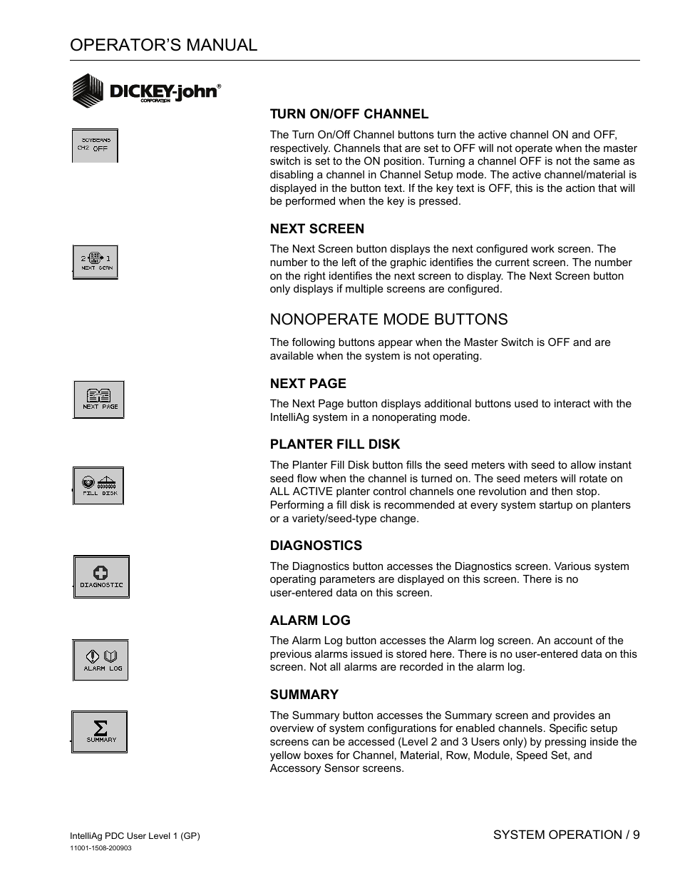 Operator’s manual, Nonoperate mode buttons | Great Plains DICKEY-john IntelliAg Planter-Drill Control L1 User Manual | Page 11 / 37