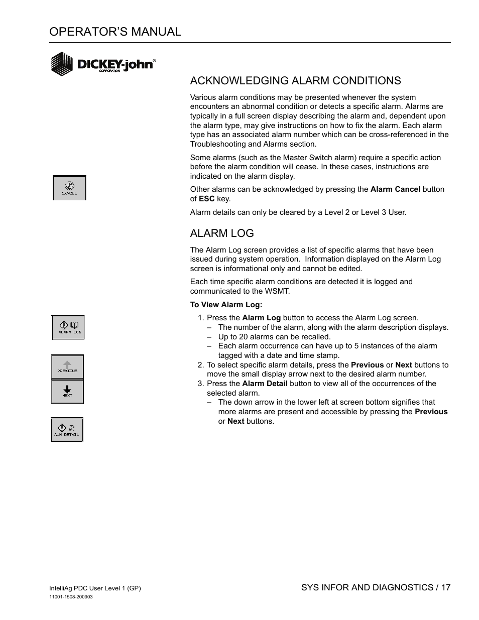 Operator’s manual, Acknowledging alarm conditions, Alarm log | Great Plains DICKEY-john IntelliAg Planter-Drill Control L1 User Manual | Page 19 / 37