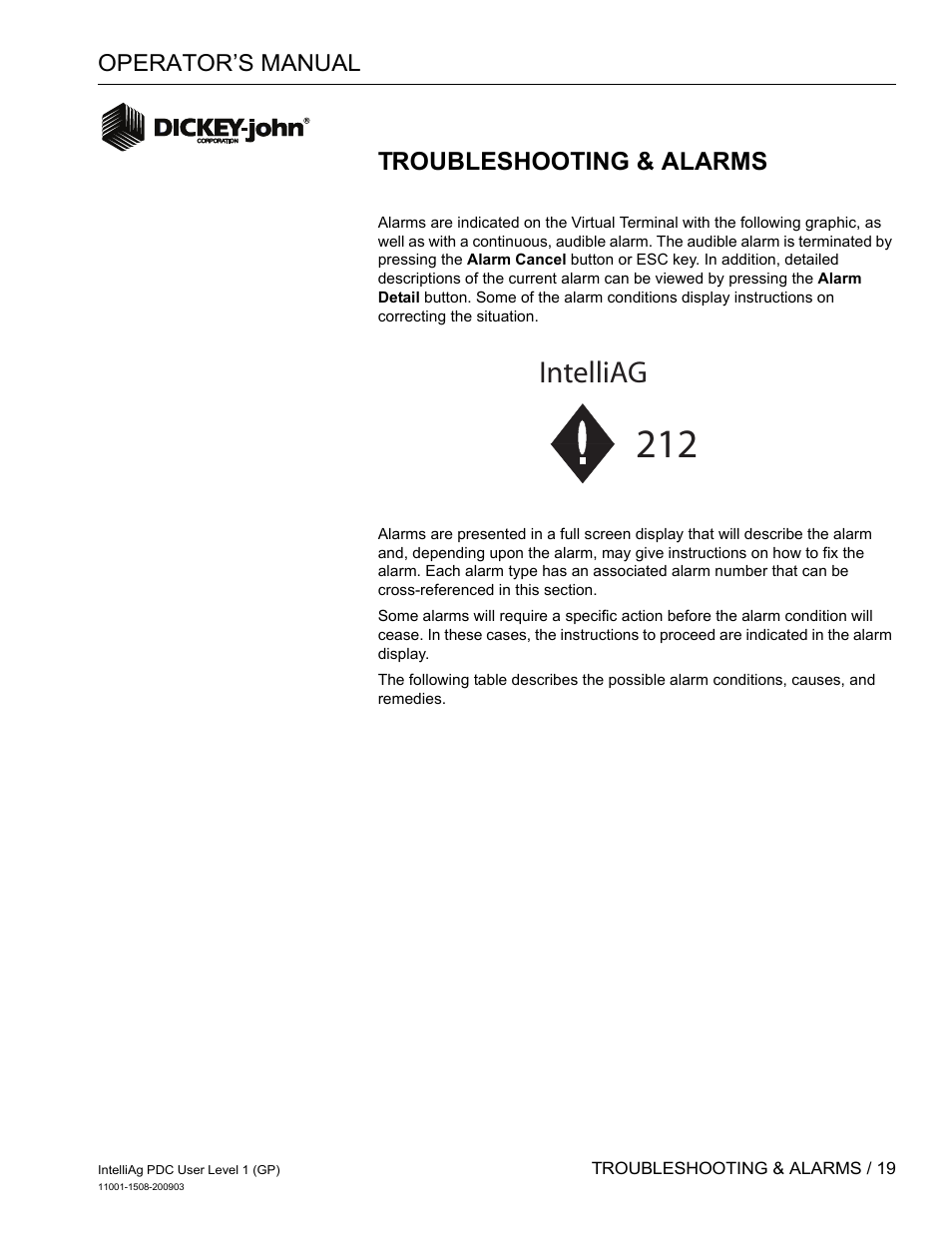 Intelliag, Troubleshooting & alarms, Operator’s manual | Great Plains DICKEY-john IntelliAg Planter-Drill Control L1 User Manual | Page 21 / 37