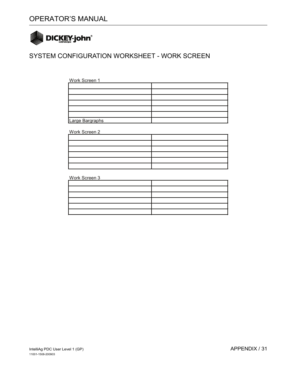 Operator’s manual, System configuration worksheet - work screen | Great Plains DICKEY-john IntelliAg Planter-Drill Control L1 User Manual | Page 33 / 37