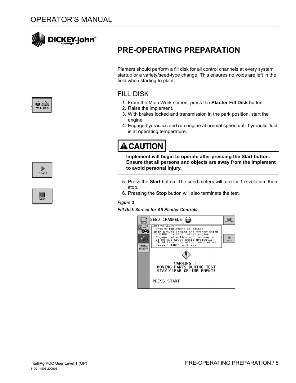 Pre-operating preparation, Operator’s manual, Fill disk | Great Plains DICKEY-john IntelliAg Planter-Drill Control L1 User Manual | Page 7 / 37