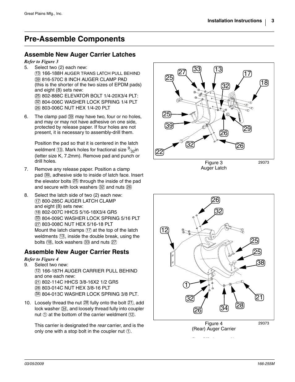 Pre-assemble components, Assemble new auger carrier latches, Assemble new auger carrier rests | Great Plains ADC2350B Assembly Instructions User Manual | Page 3 / 12