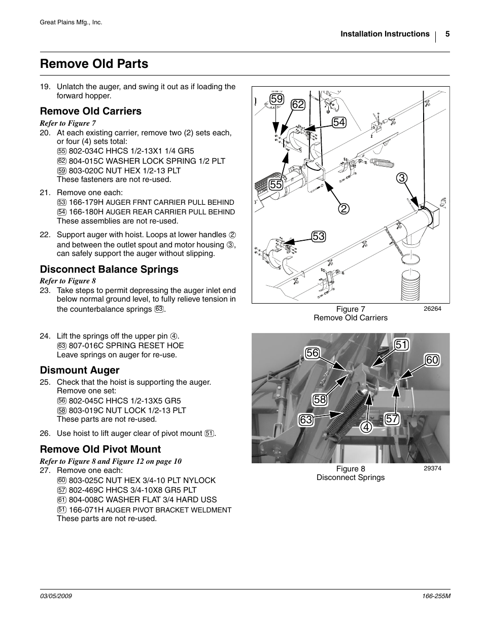 Remove old parts, Remove old carriers, Disconnect balance springs | Dismount auger, Remove old pivot mount | Great Plains ADC2350B Assembly Instructions User Manual | Page 5 / 12
