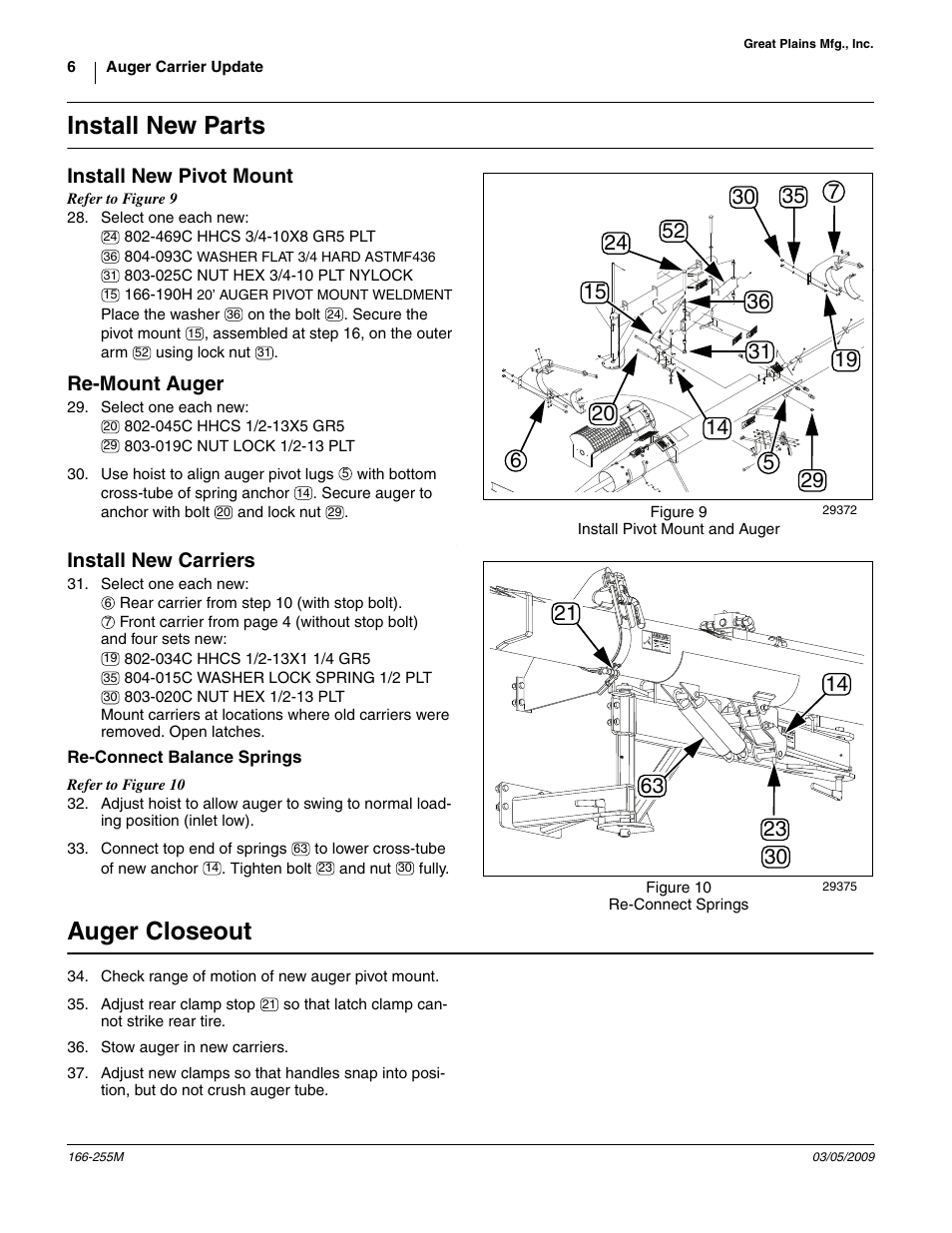Install new parts, Install new pivot mount, Re-mount auger | Install new carriers, Re-connect balance springs, Auger closeout | Great Plains ADC2350B Assembly Instructions User Manual | Page 6 / 12