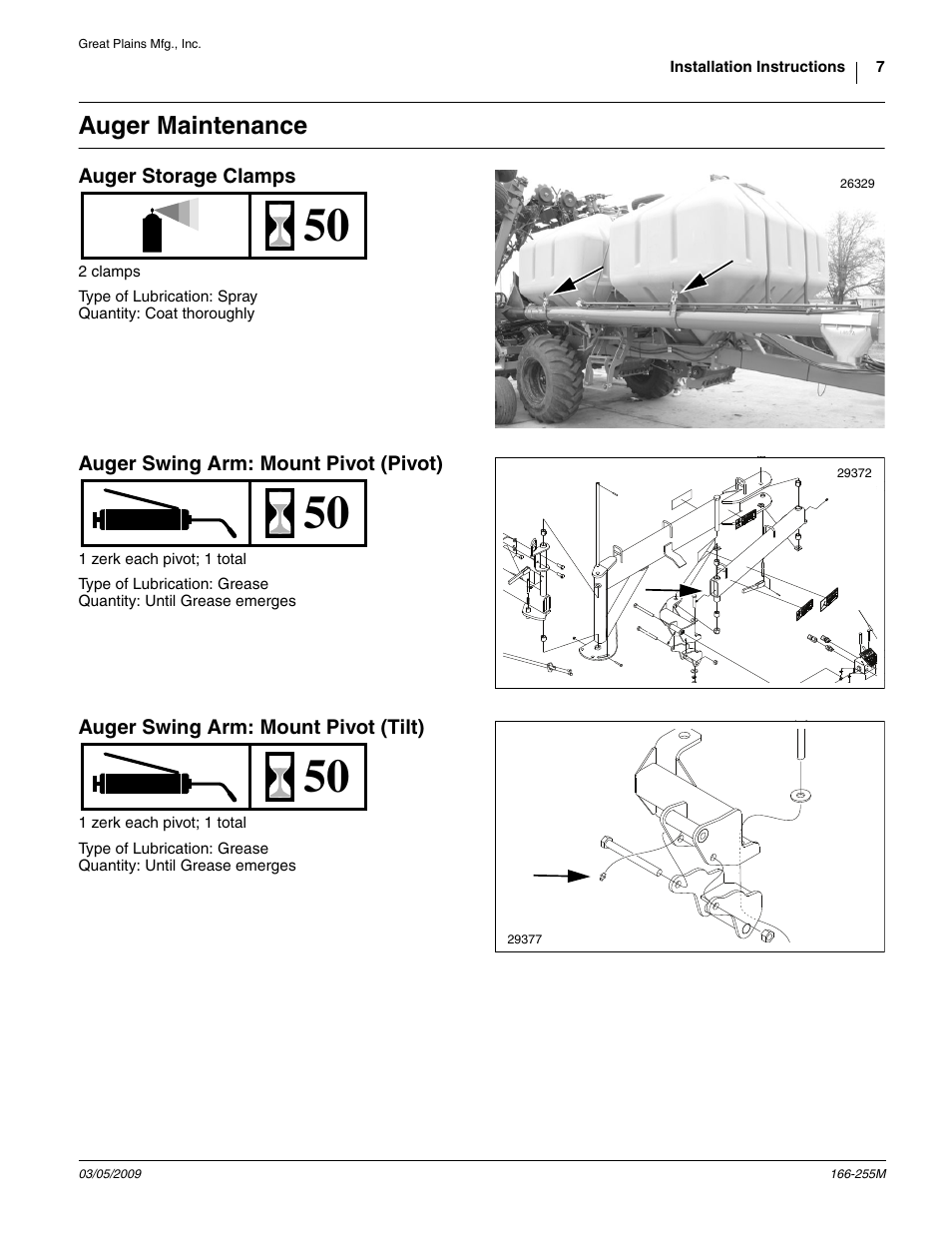 Auger maintenance, Auger storage clamps, Auger swing arm: mount pivot (pivot) | Auger swing arm: mount pivot (tilt) | Great Plains ADC2350B Assembly Instructions User Manual | Page 7 / 12