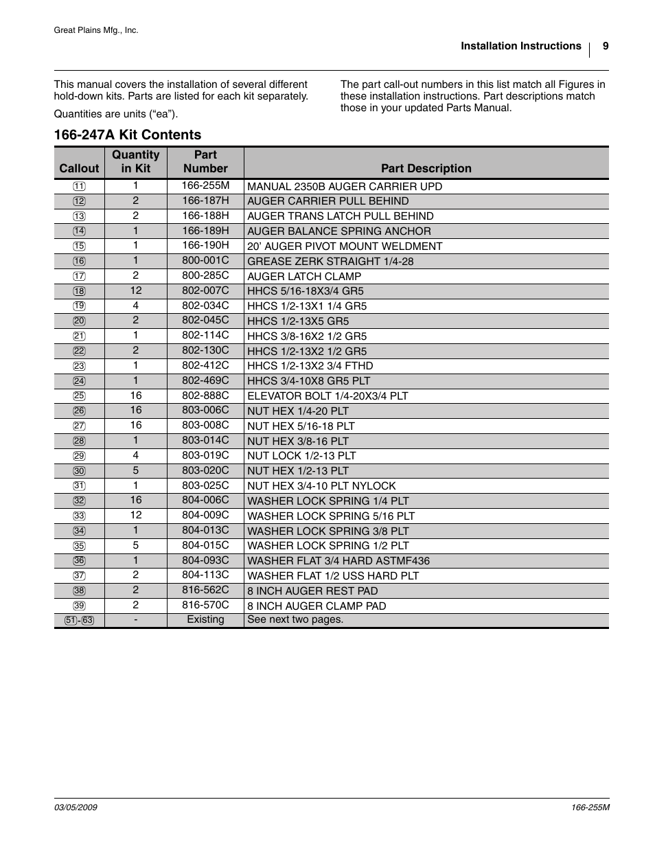 247a kit contents, Ange 11 to 39 ref, 188h | Auger trans latch pull behind, 570c 8 inch auger clamp pad, Adhesiv, Through the inside of the pad, And n, 285c auger latch clamp, At the top of the latch | Great Plains ADC2350B Assembly Instructions User Manual | Page 9 / 12