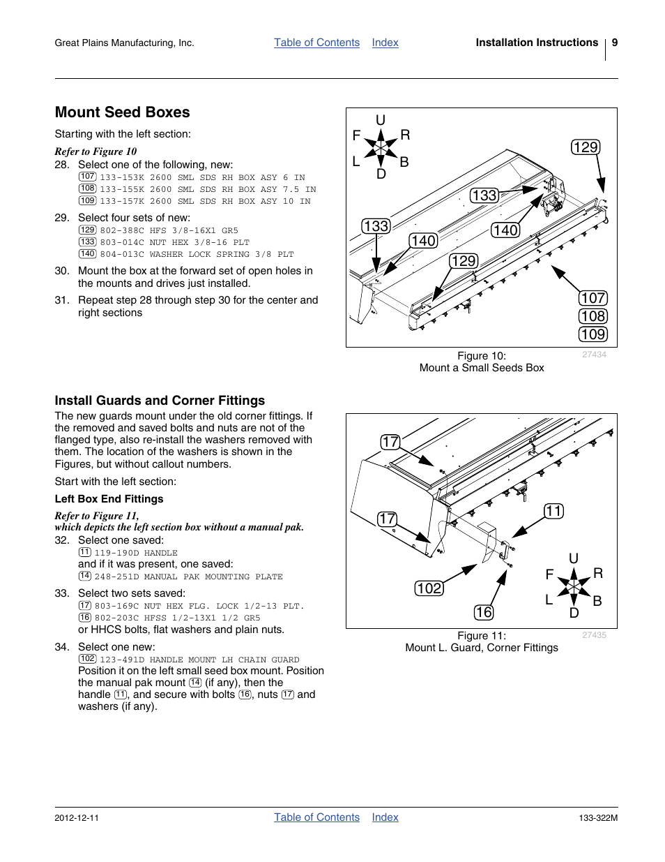 Mount seed boxes, Install guards and corner fittings, Left box end fittings | Great Plains 3S-4000HD Assembly Instructions User Manual | Page 13 / 44