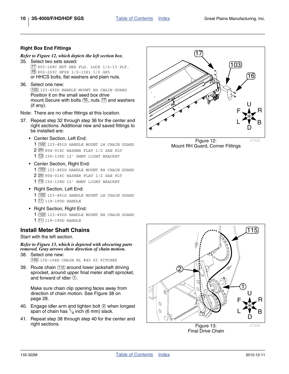 Right box end fittings, Install meter shaft chains | Great Plains 3S-4000HD Assembly Instructions User Manual | Page 14 / 44