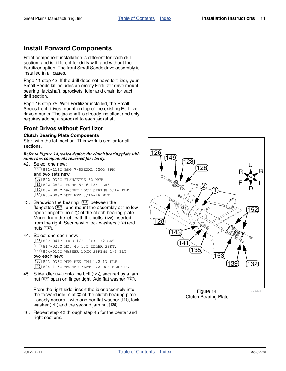 Install forward components, Front drives without fertilizer, Clutch bearing plate components | Great Plains 3S-4000HD Assembly Instructions User Manual | Page 15 / 44