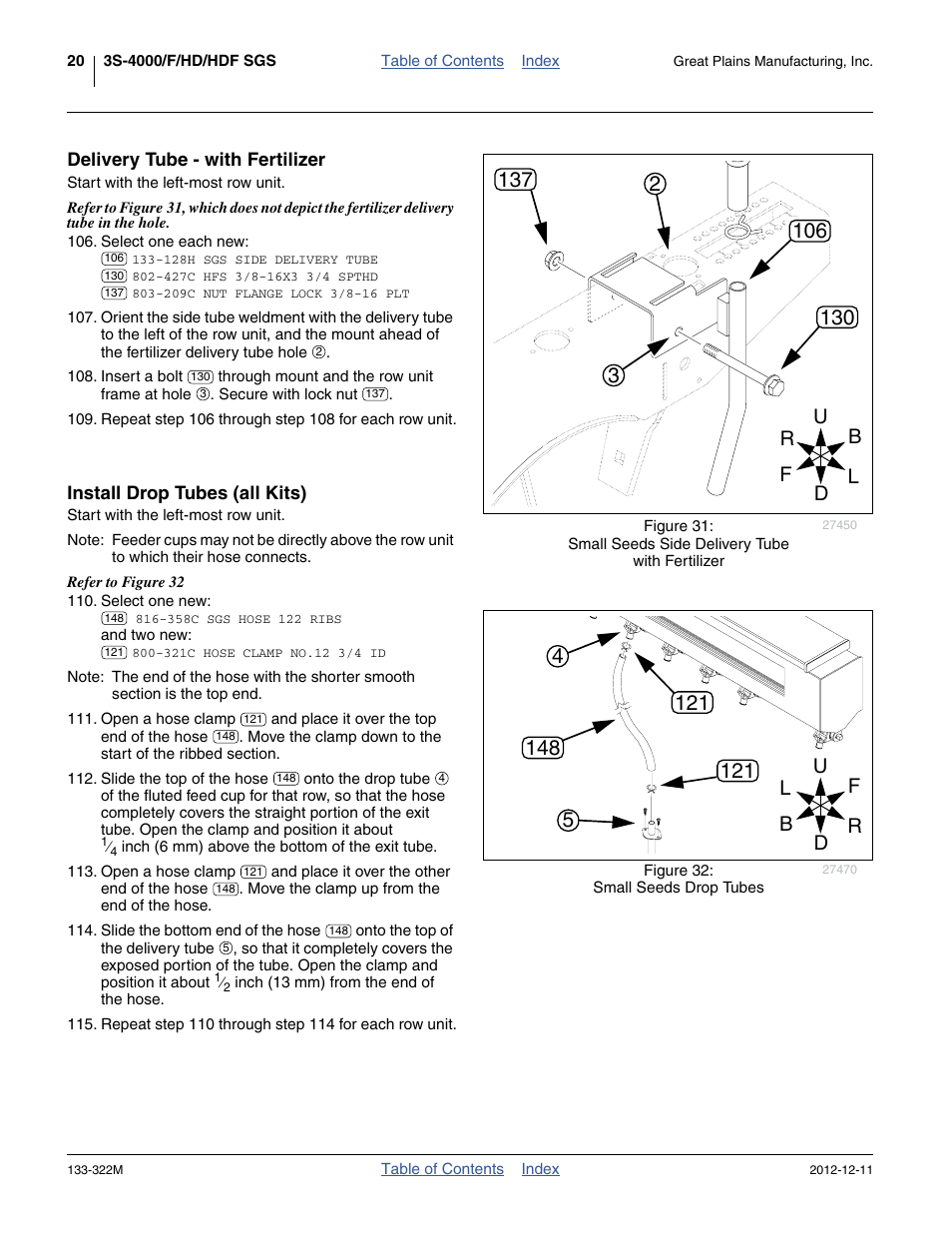 Delivery tube - with fertilizer, Install drop tubes (all kits), Skip to step 110 | Great Plains 3S-4000HD Assembly Instructions User Manual | Page 24 / 44