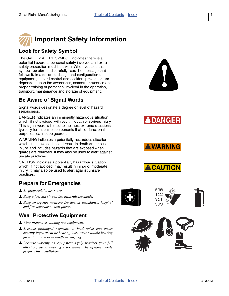 Important safety information, Look for safety symbol, Be aware of signal words | Prepare for emergencies, Wear protective equipment | Great Plains 3S-4000HD Assembly Instructions User Manual | Page 5 / 44