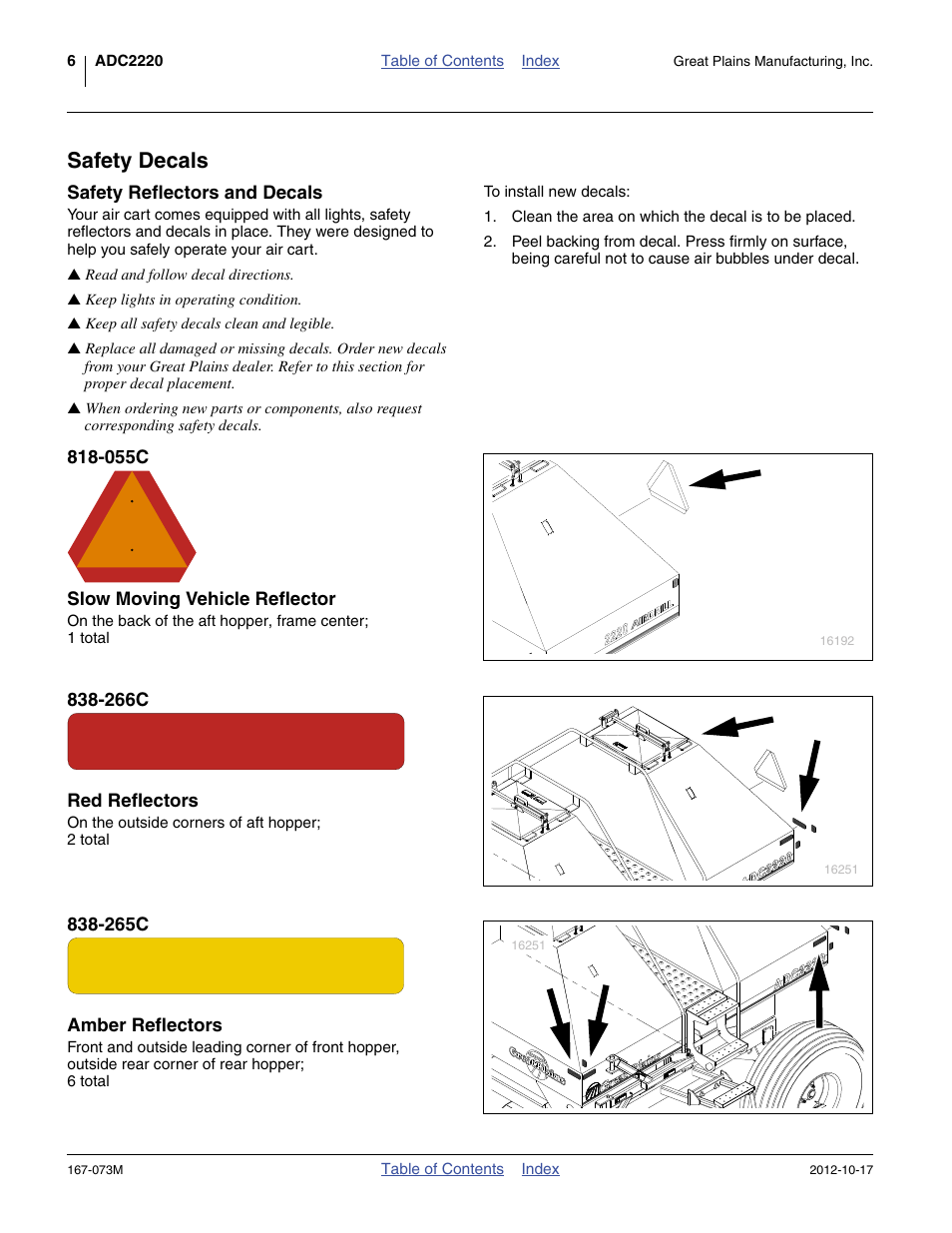 Safety decals, 055c slow moving vehicle reflector, 266c red reflectors | 265c amber reflectors | Great Plains ADC2220 Operator Manual User Manual | Page 10 / 136