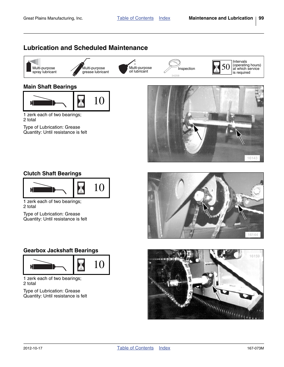 Lubrication and scheduled maintenance, Main shaft bearings, Clutch shaft bearings | Gearbox jackshaft bearings | Great Plains ADC2220 Operator Manual User Manual | Page 103 / 136