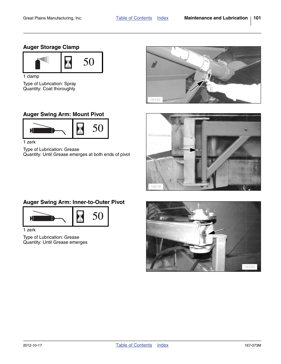 Auger storage clamp, Auger swing arm: mount pivot, Auger swing arm: inner-to-outer pivot | Great Plains ADC2220 Operator Manual User Manual | Page 105 / 136