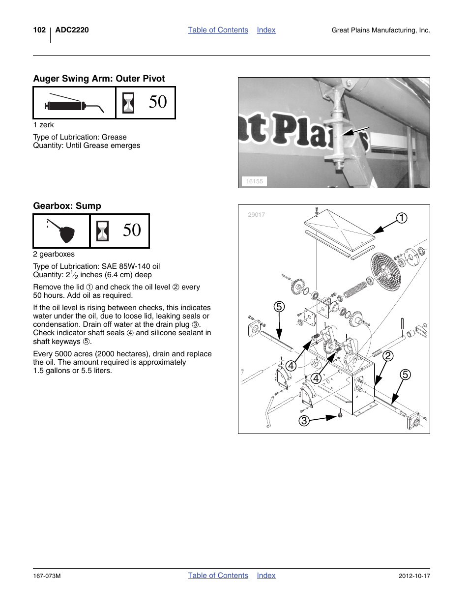 Auger swing arm: outer pivot, Gearbox: sump | Great Plains ADC2220 Operator Manual User Manual | Page 106 / 136