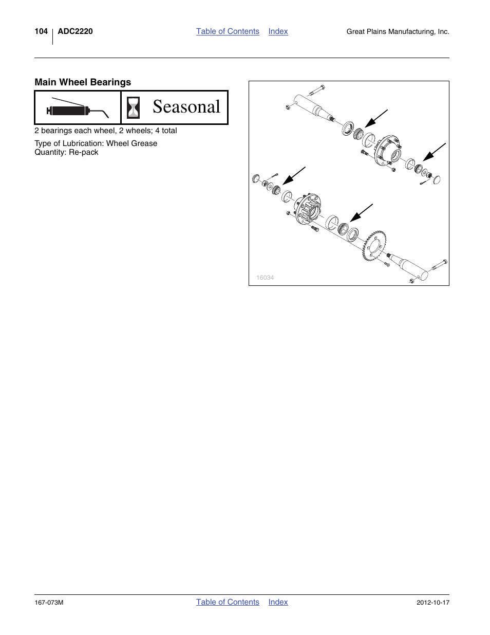 Main wheel bearings, Seasonal | Great Plains ADC2220 Operator Manual User Manual | Page 108 / 136
