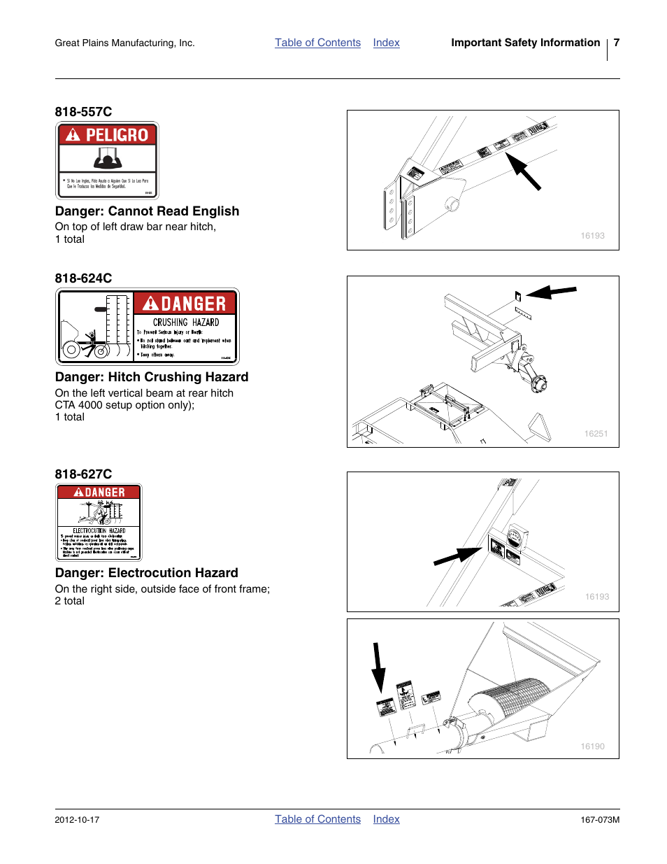557c danger: cannot read english, 624c danger: hitch crushing hazard, 627c danger: electrocution hazard | Great Plains ADC2220 Operator Manual User Manual | Page 11 / 136