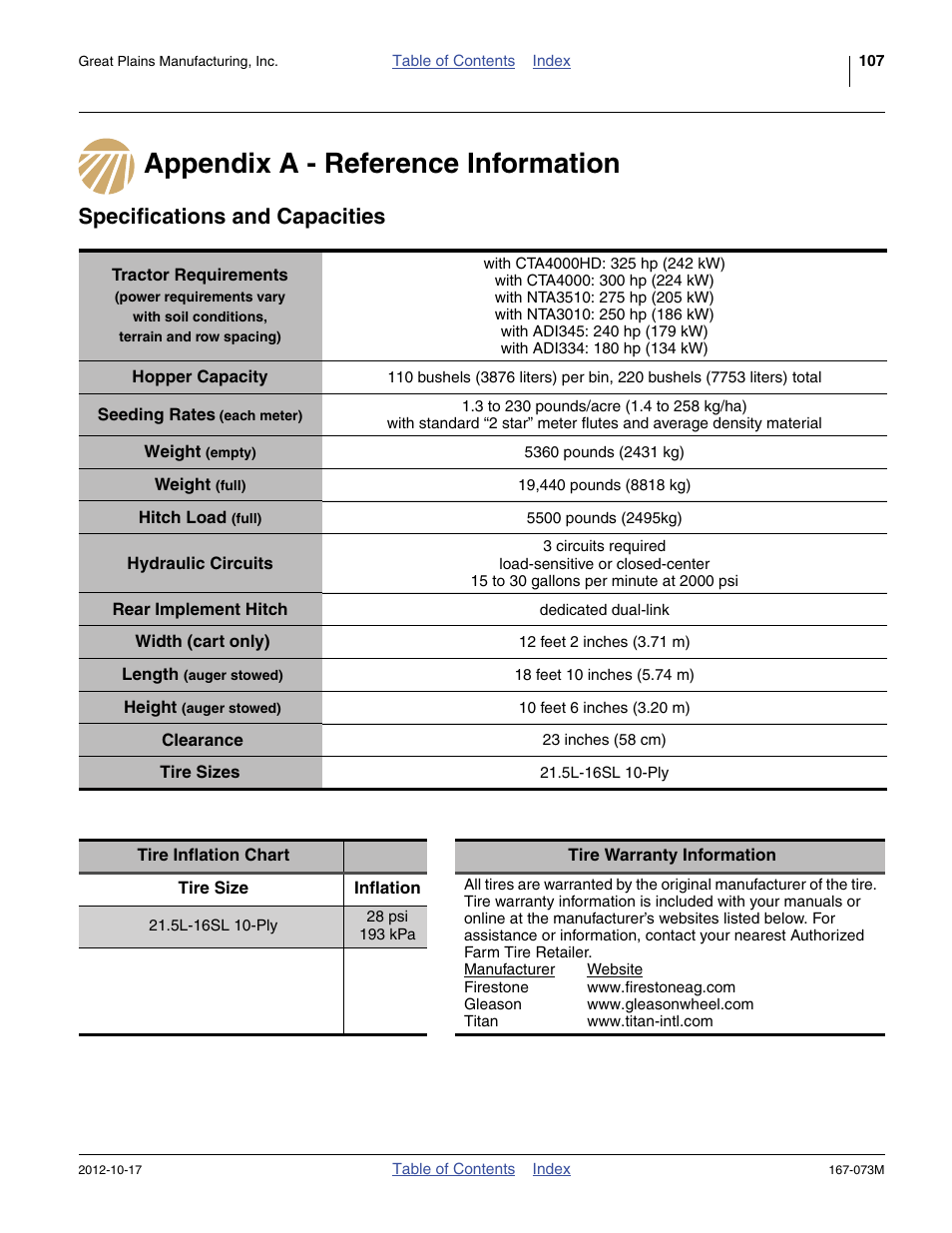 Appendix a - reference information, Specifications and capacities, Tire inflation chart | Tire | Great Plains ADC2220 Operator Manual User Manual | Page 111 / 136