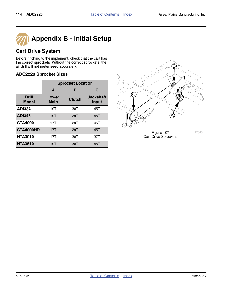 Appendix b - initial setup, Cart drive system, Adc2220 sprocket sizes | Appendix b - initial setup cart drive system, Cb a | Great Plains ADC2220 Operator Manual User Manual | Page 118 / 136