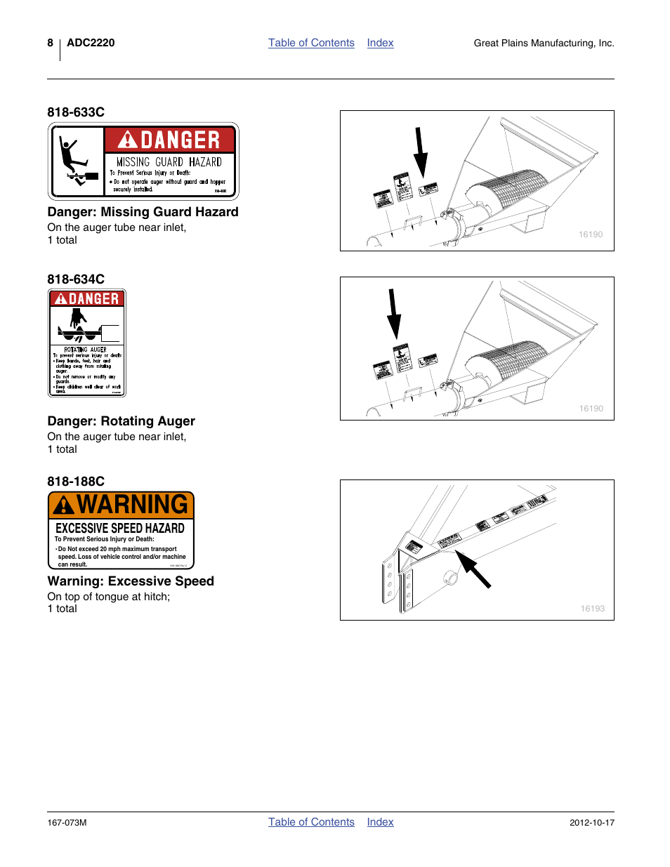 633c danger: missing guard hazard, 634c danger: rotating auger, 188c warning: excessive speed | Warning, Excessive speed hazard | Great Plains ADC2220 Operator Manual User Manual | Page 12 / 136