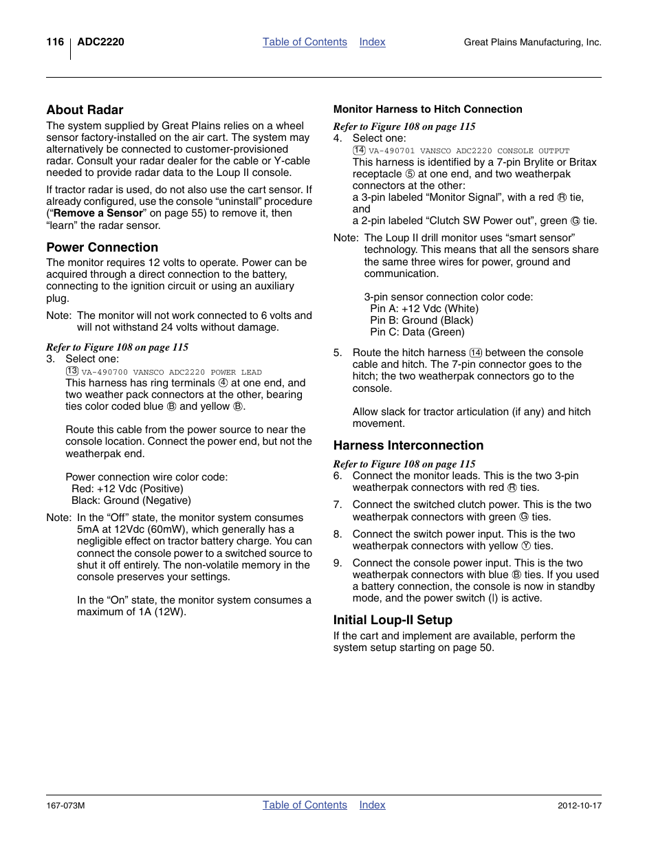 About radar, Power connection, Monitor harness to hitch connection | Harness interconnection, Initial loup-ii setup, About radar power connection, Harness interconnection initial loup-ii setup | Great Plains ADC2220 Operator Manual User Manual | Page 120 / 136