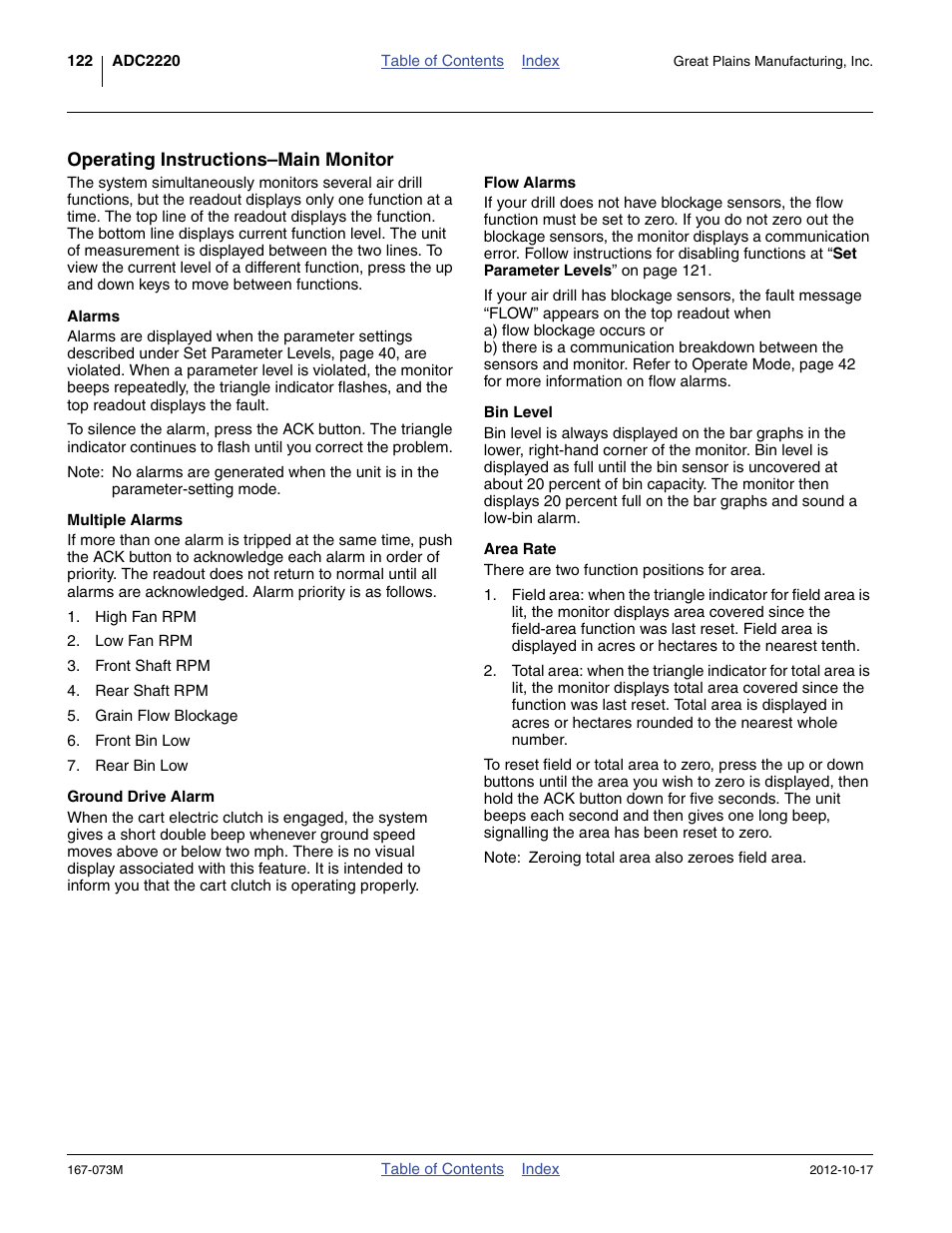 Operating instructions-main monitor, Alarms, Multiple alarms | Ground drive alarm, Flow alarms, Bin level, Area rate | Great Plains ADC2220 Operator Manual User Manual | Page 126 / 136