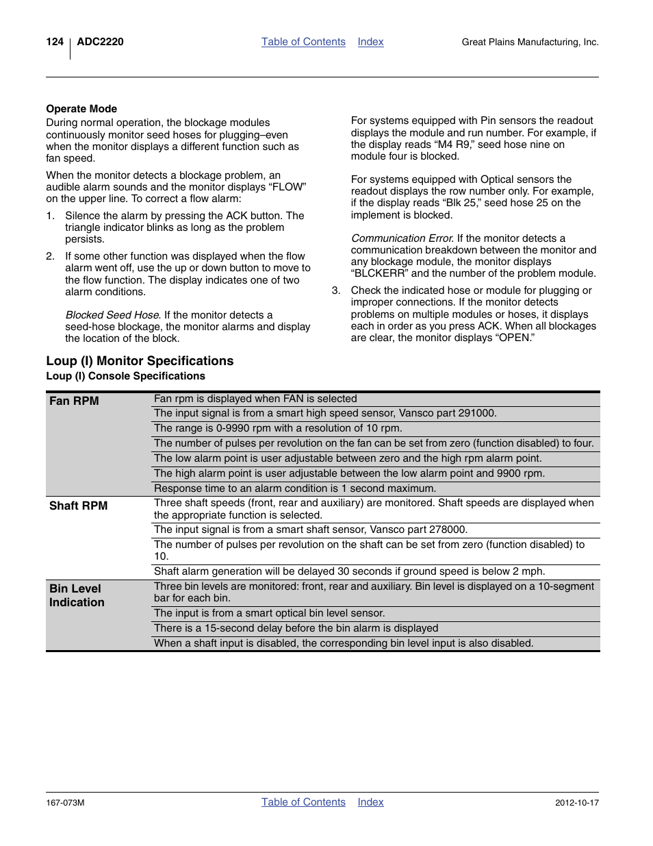 Operate mode, Loup (i) monitor specifications, Loup (i) console specifications | Great Plains ADC2220 Operator Manual User Manual | Page 128 / 136