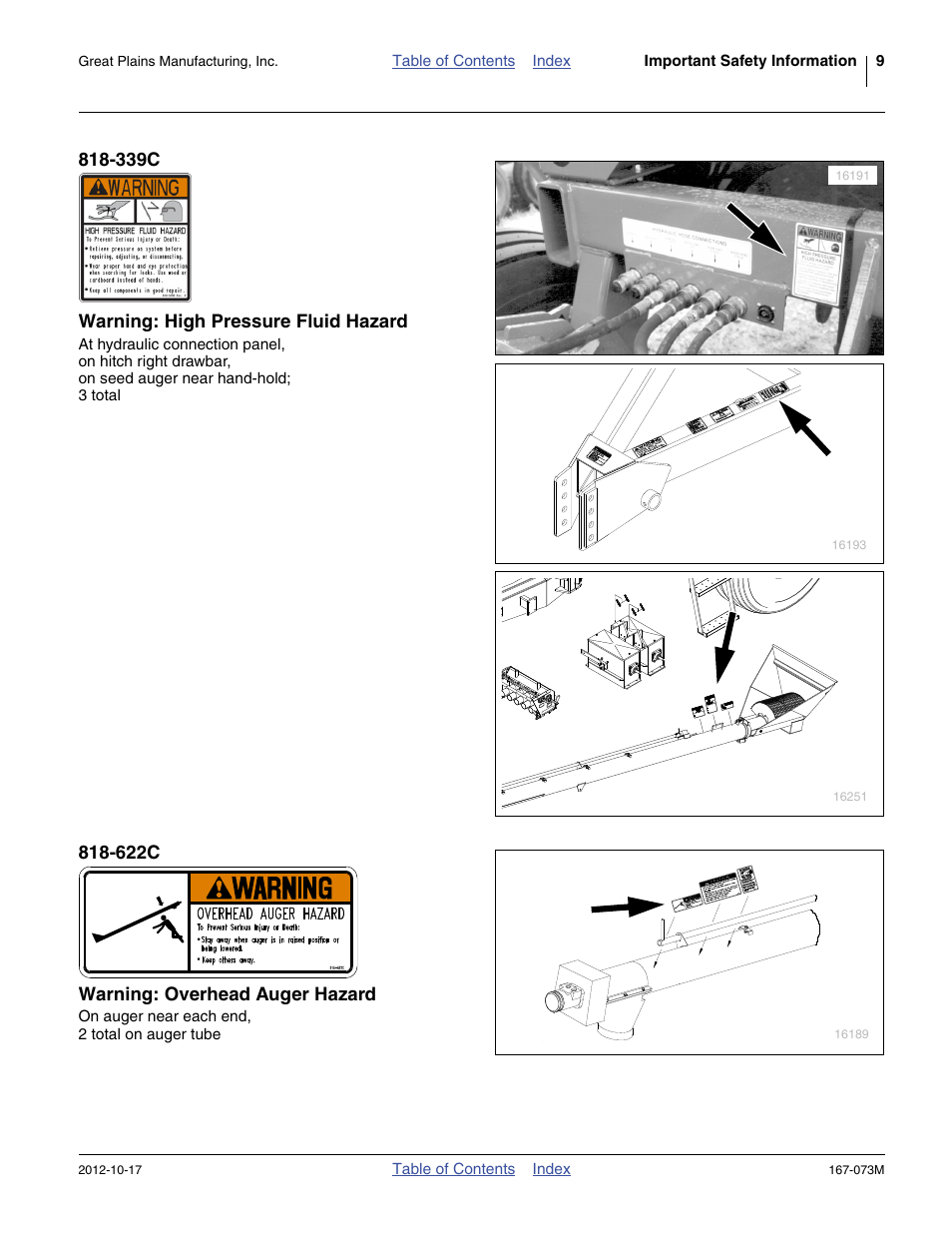 339c warning: high pressure fluid hazard, 622c warning: overhead auger hazard | Great Plains ADC2220 Operator Manual User Manual | Page 13 / 136