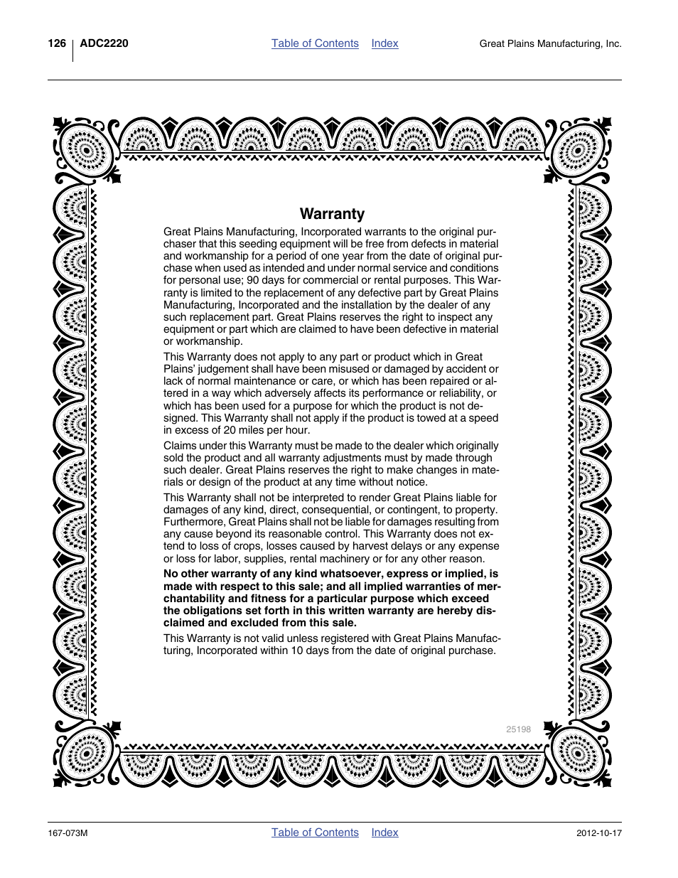Warranty | Great Plains ADC2220 Operator Manual User Manual | Page 130 / 136