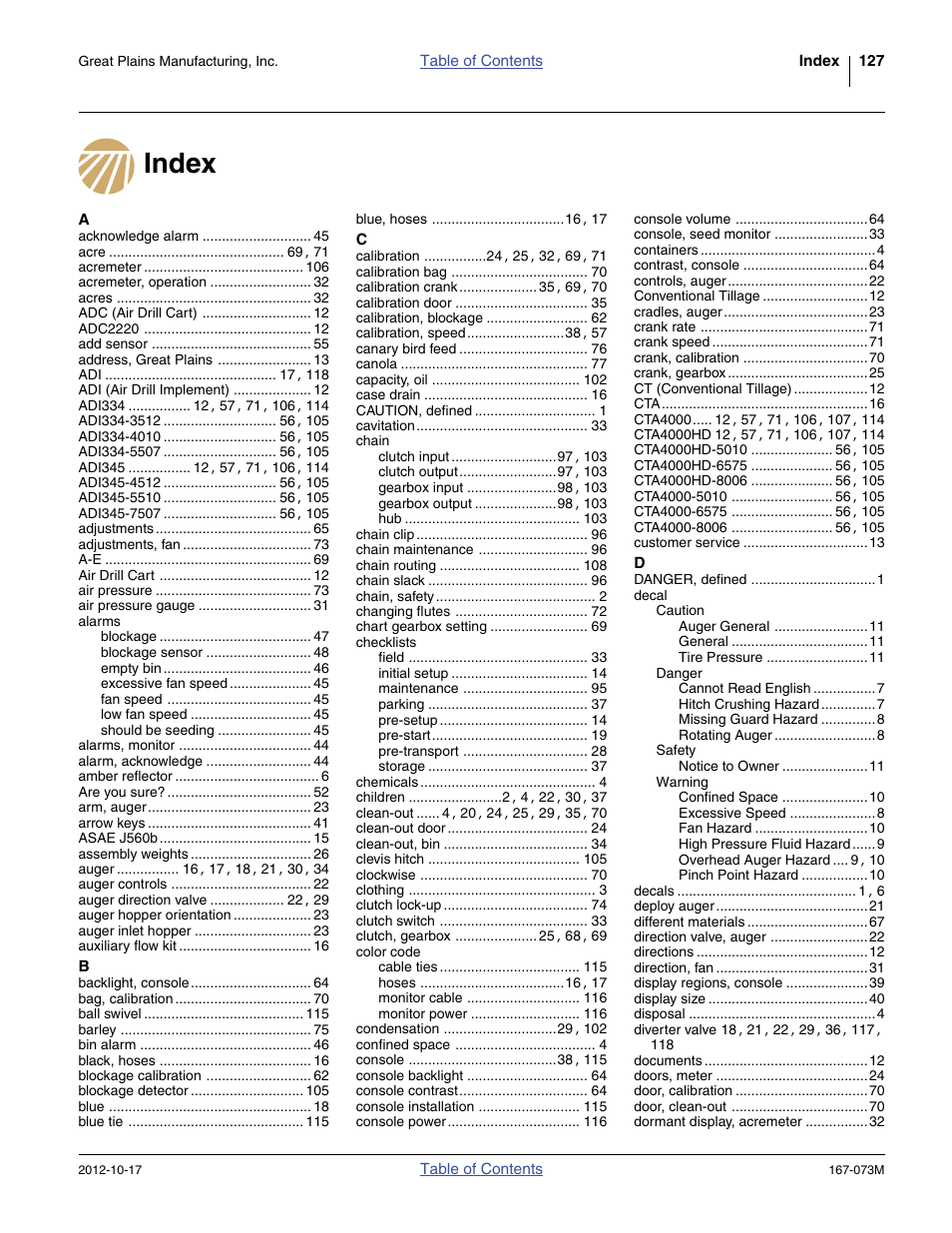 Index | Great Plains ADC2220 Operator Manual User Manual | Page 131 / 136