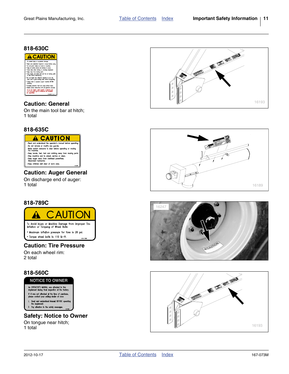 630c caution: general, 635c caution: auger general, 789c caution: tire pressure | 560c safety: notice to owner | Great Plains ADC2220 Operator Manual User Manual | Page 15 / 136