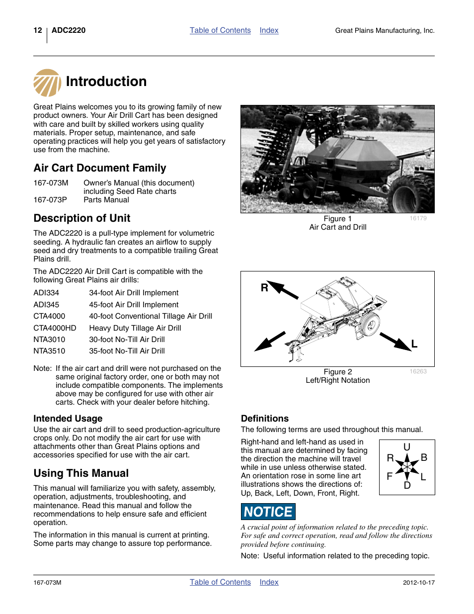 Introduction, Air cart document family, Description of unit | Intended usage, Using this manual, Definitions | Great Plains ADC2220 Operator Manual User Manual | Page 16 / 136