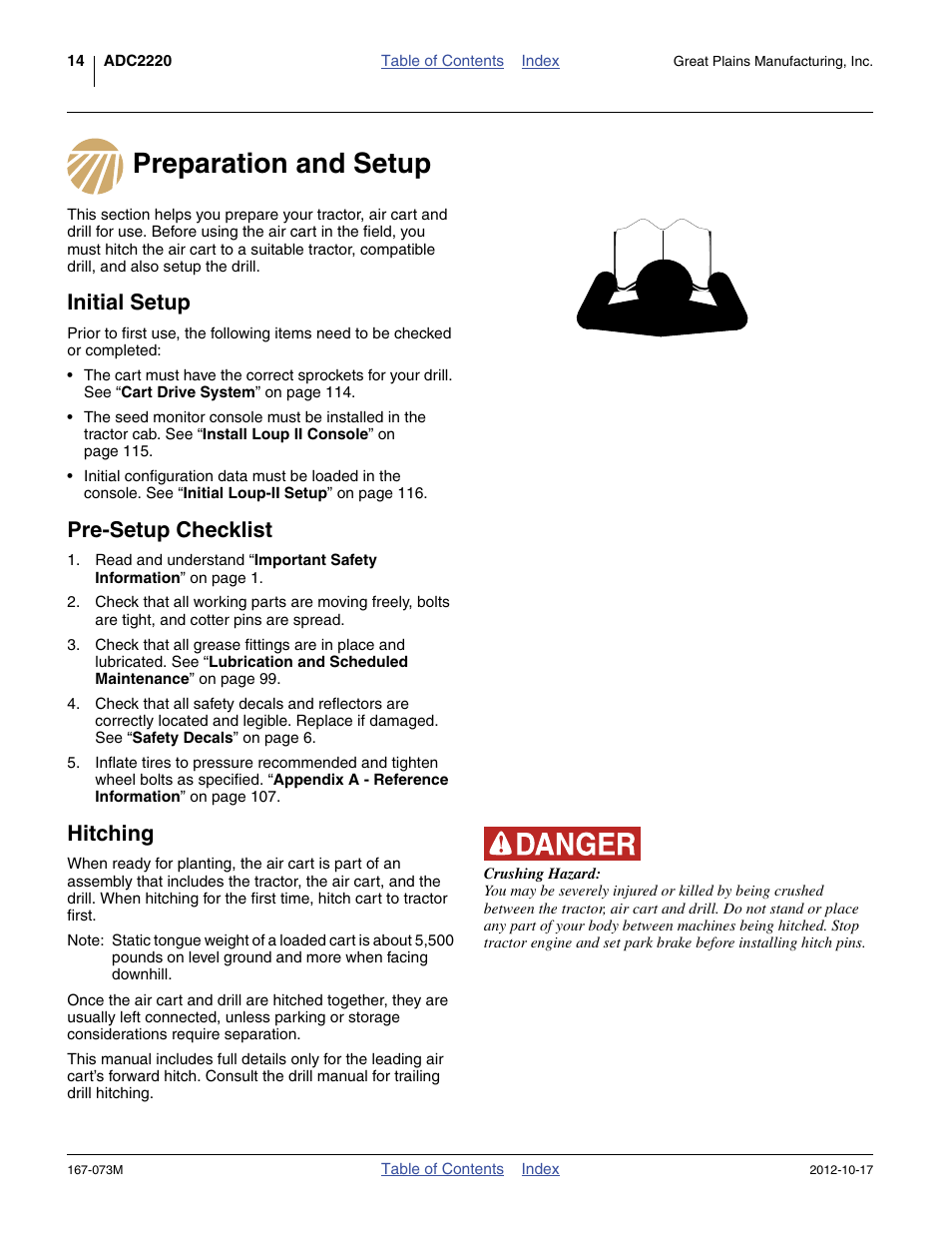 Preparation and setup, Initial setup, Pre-setup checklist | Hitching | Great Plains ADC2220 Operator Manual User Manual | Page 18 / 136