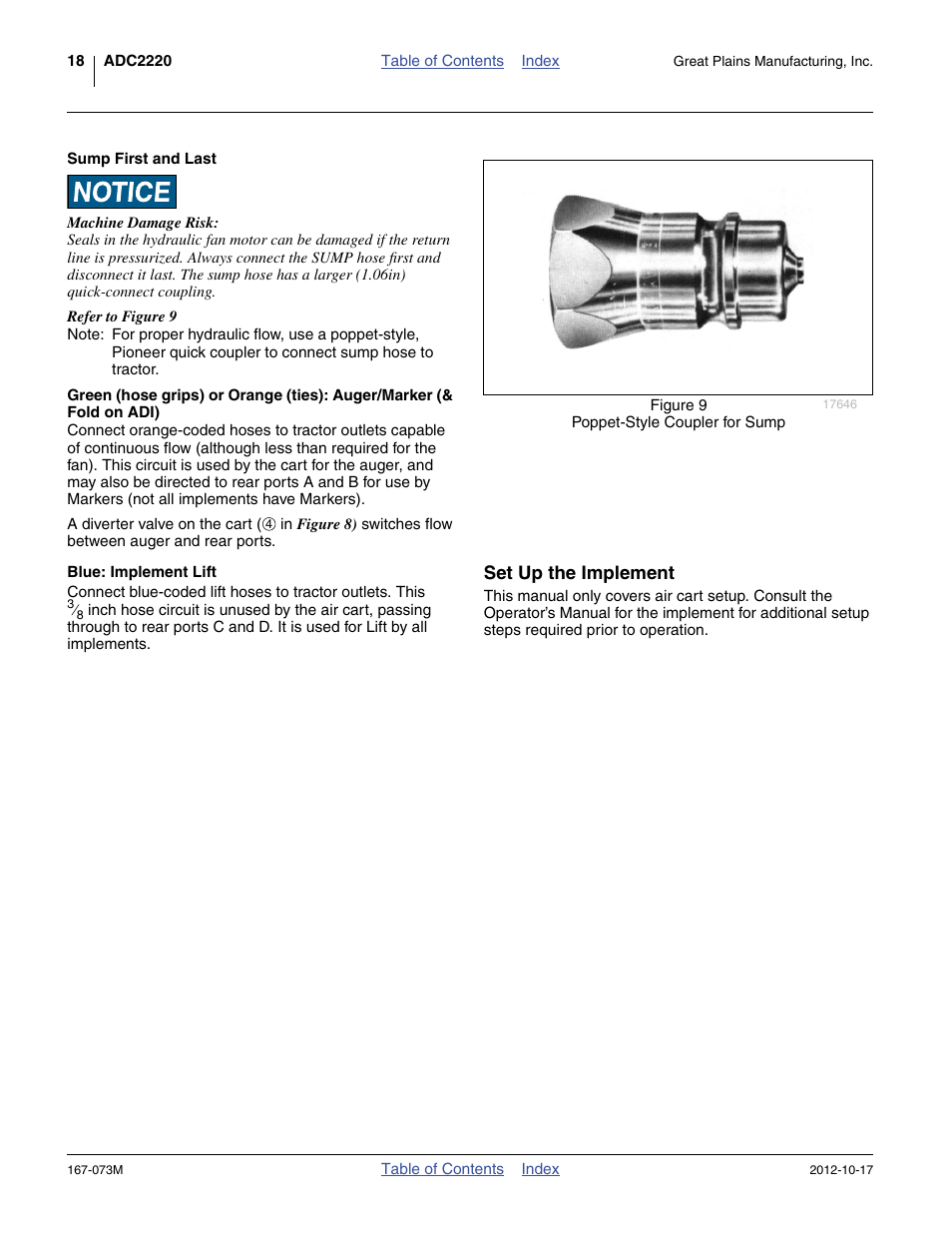 Sump first and last, Blue: implement lift, Set up the implement | Great Plains ADC2220 Operator Manual User Manual | Page 22 / 136
