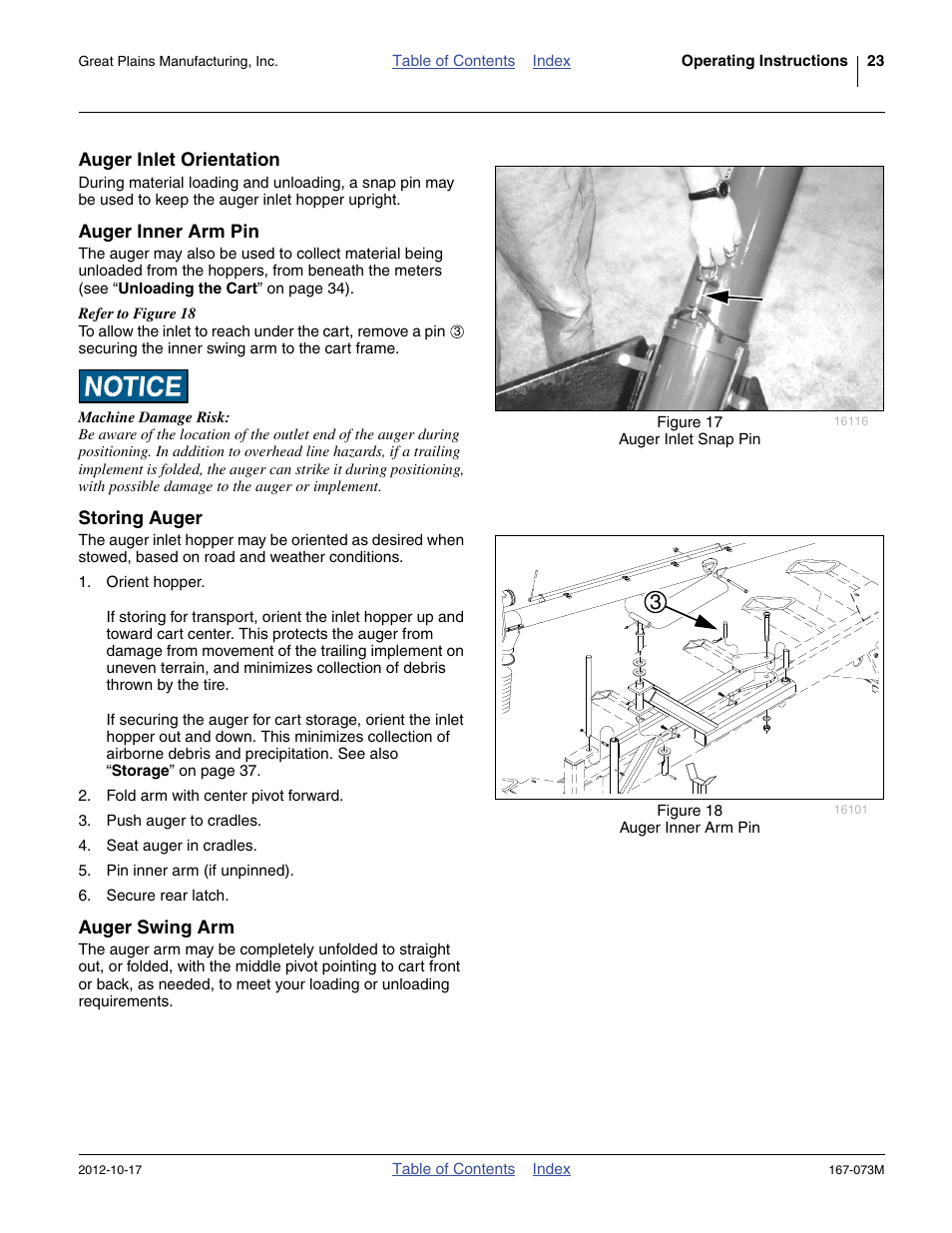 Auger inlet orientation, Auger inner arm pin, Storing auger | Auger swing arm | Great Plains ADC2220 Operator Manual User Manual | Page 27 / 136