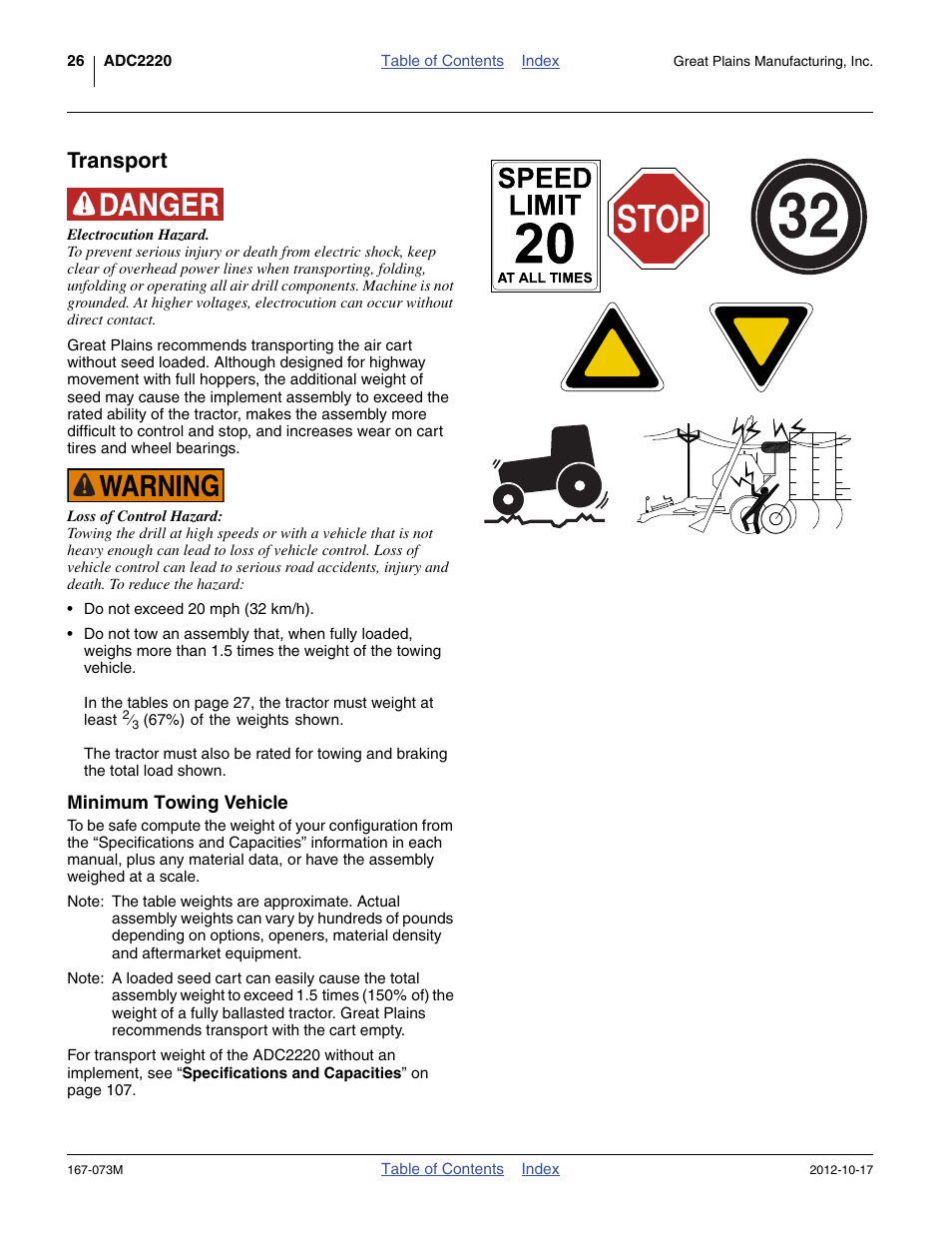 Transport, Minimum towing vehicle | Great Plains ADC2220 Operator Manual User Manual | Page 30 / 136
