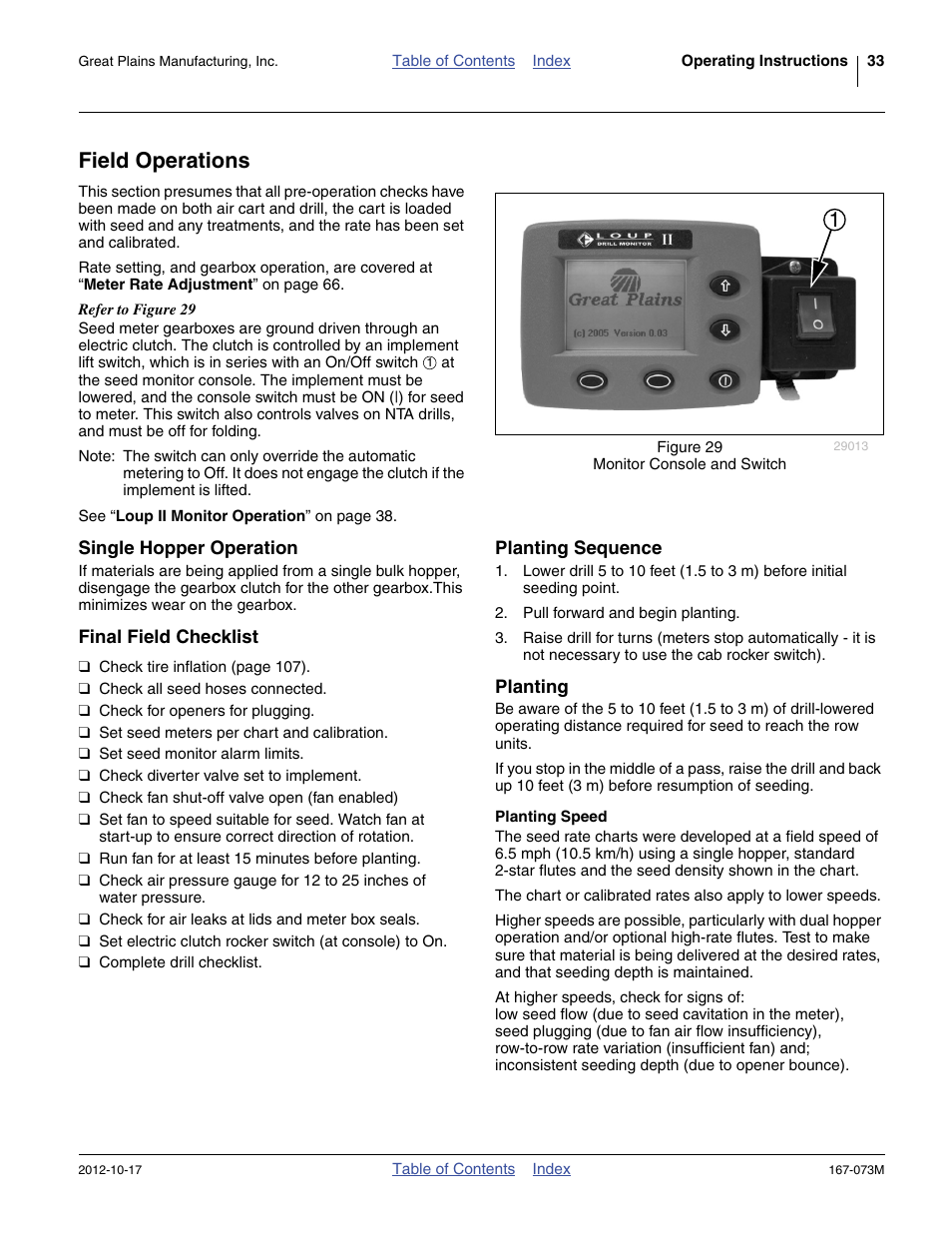 Field operations, Single hopper operation, Final field checklist | Planting sequence, Planting, Planting speed | Great Plains ADC2220 Operator Manual User Manual | Page 37 / 136