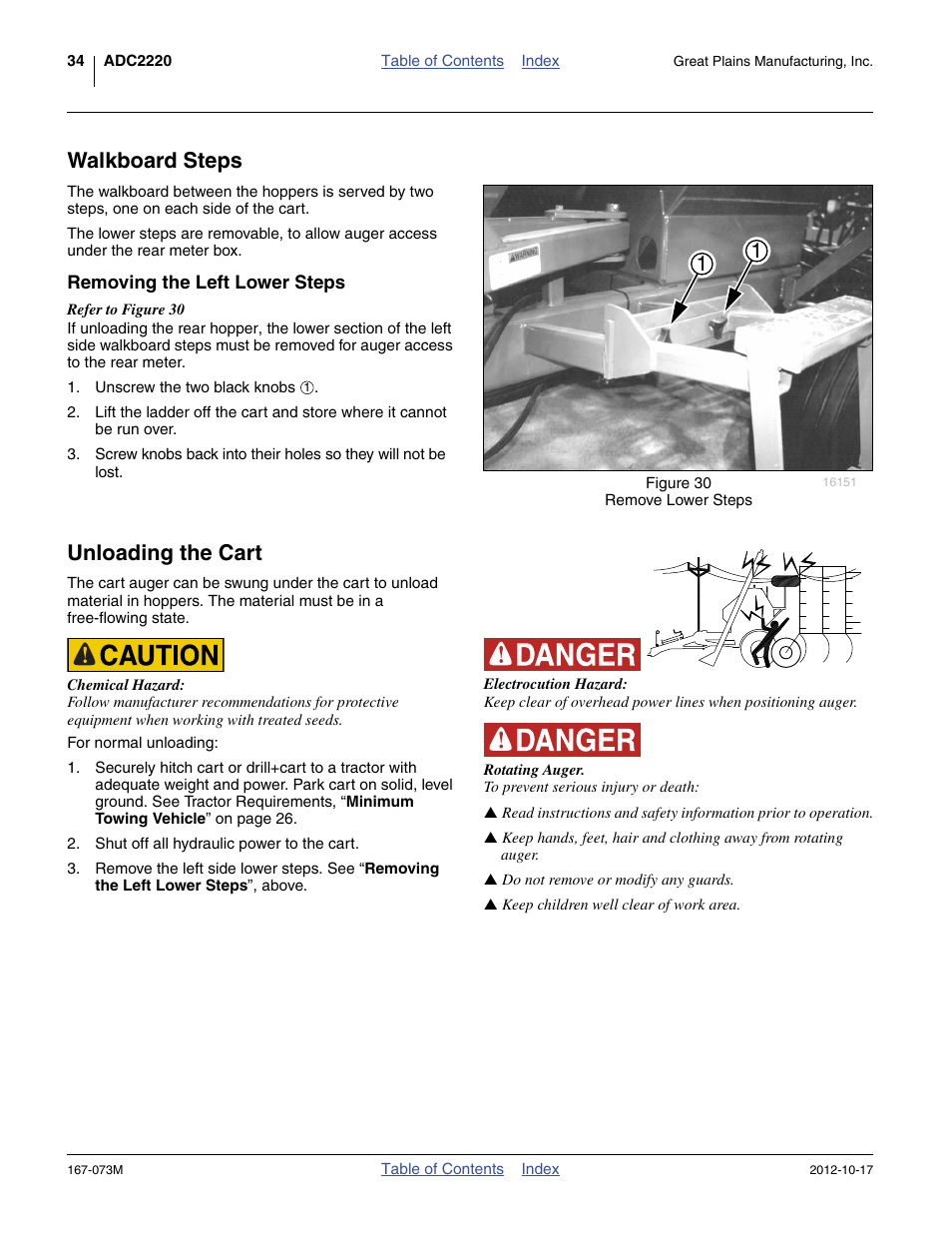 Walkboard steps, Removing the left lower steps, Unloading the cart | Great Plains ADC2220 Operator Manual User Manual | Page 38 / 136