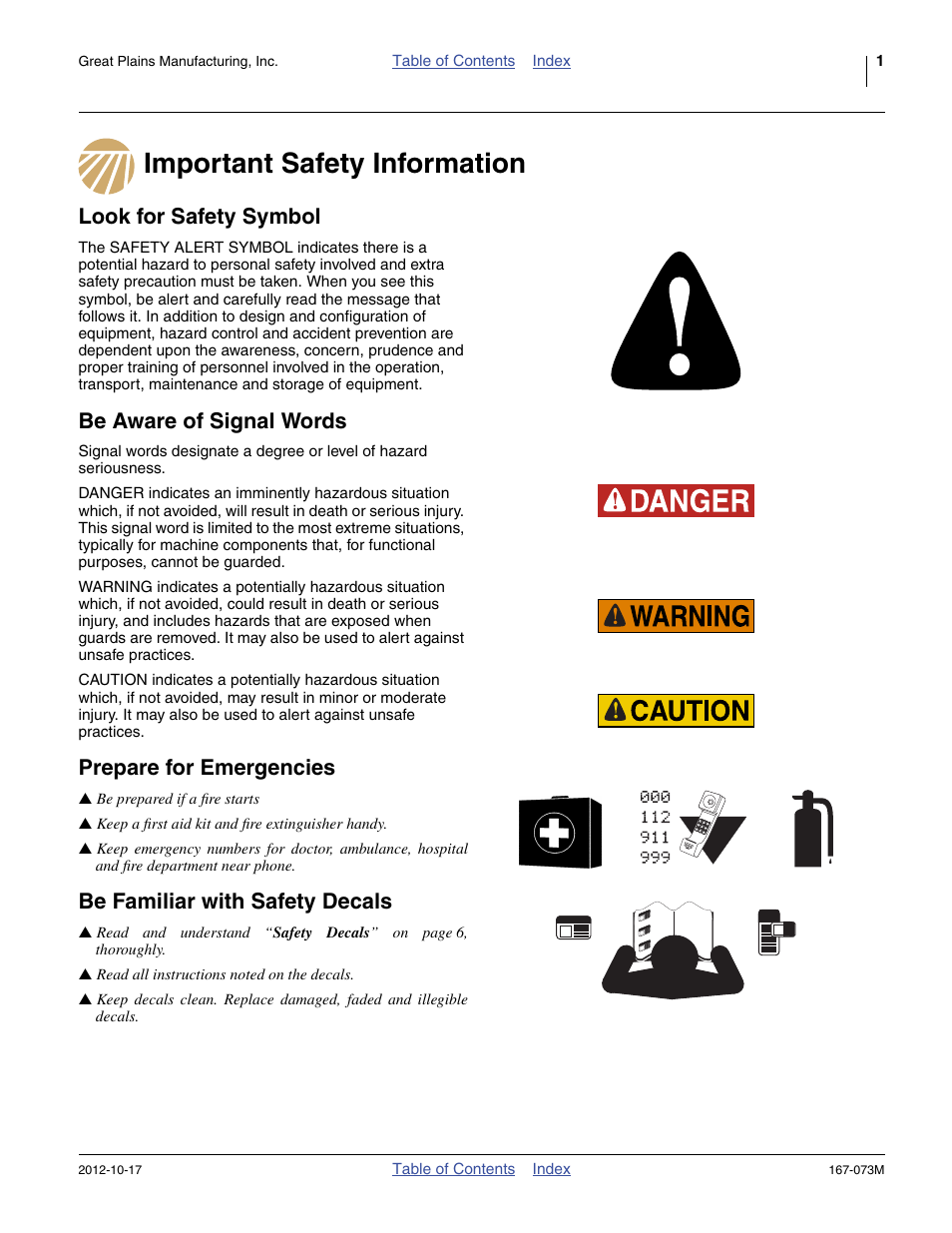 Important safety information, Look for safety symbol, Be aware of signal words | Prepare for emergencies, Be familiar with safety decals | Great Plains ADC2220 Operator Manual User Manual | Page 5 / 136
