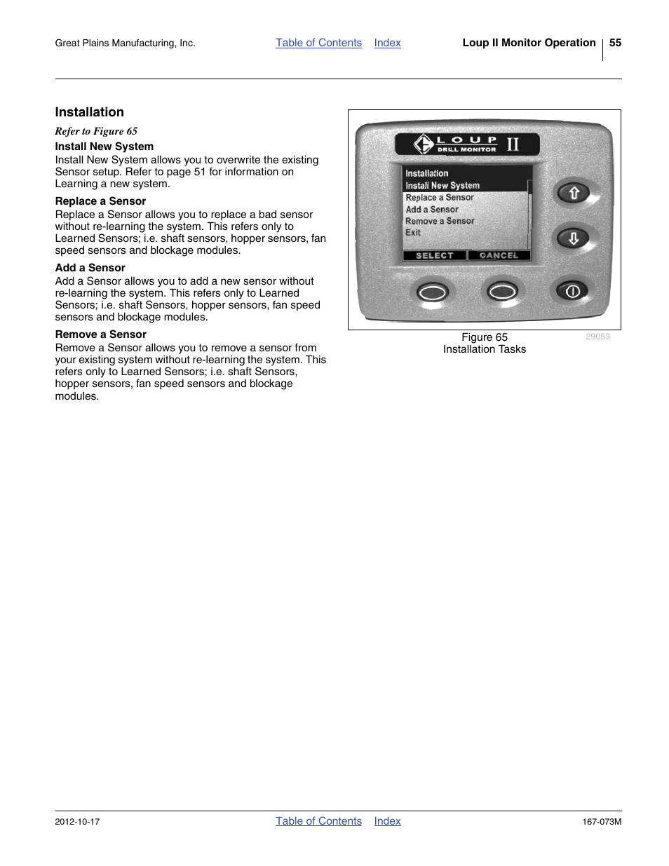Installation, Install new system, Replace a sensor | Add a sensor, Remove a sensor | Great Plains ADC2220 Operator Manual User Manual | Page 59 / 136