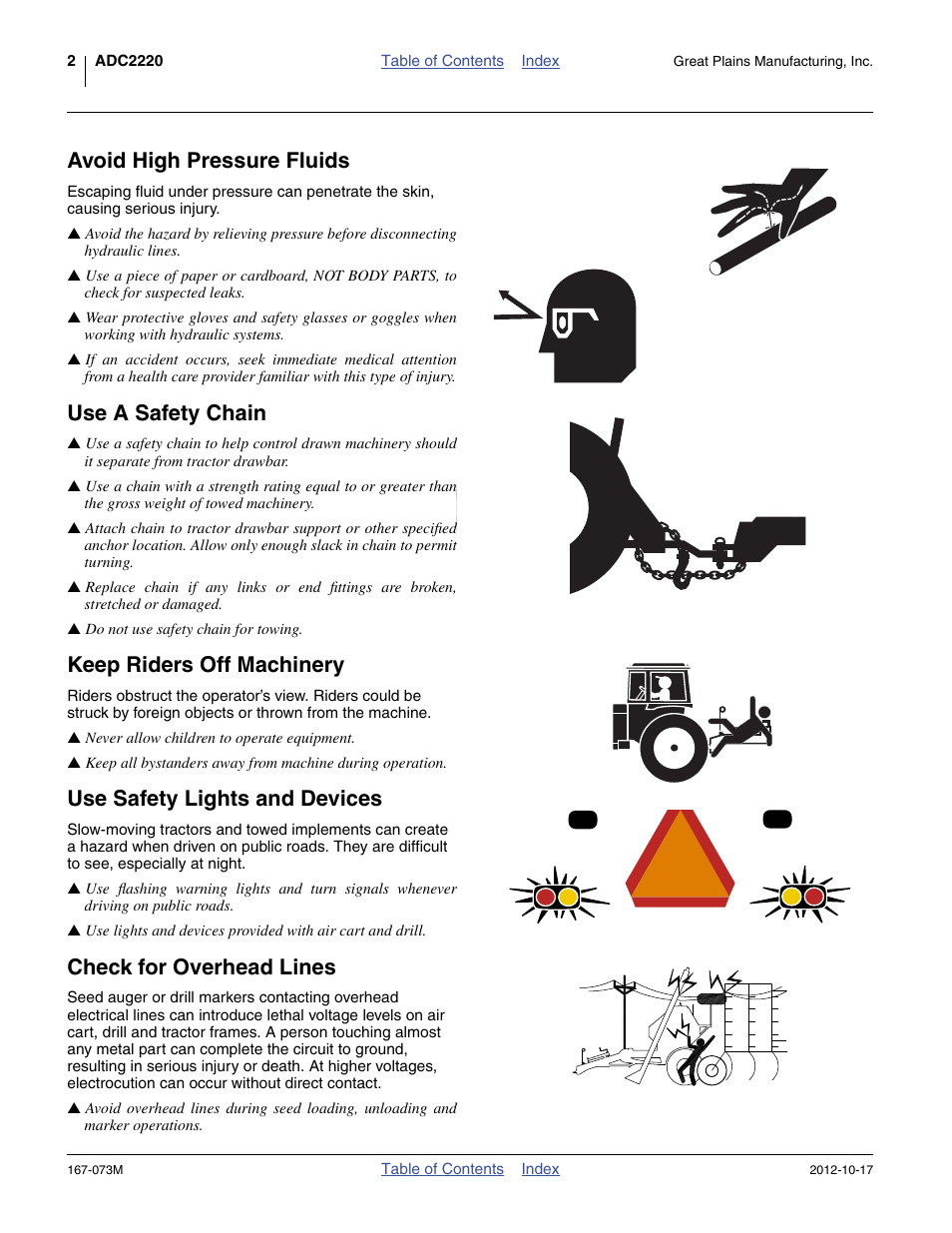 Avoid high pressure fluids, Use a safety chain, Keep riders off machinery | Use safety lights and devices, Check for overhead lines | Great Plains ADC2220 Operator Manual User Manual | Page 6 / 136