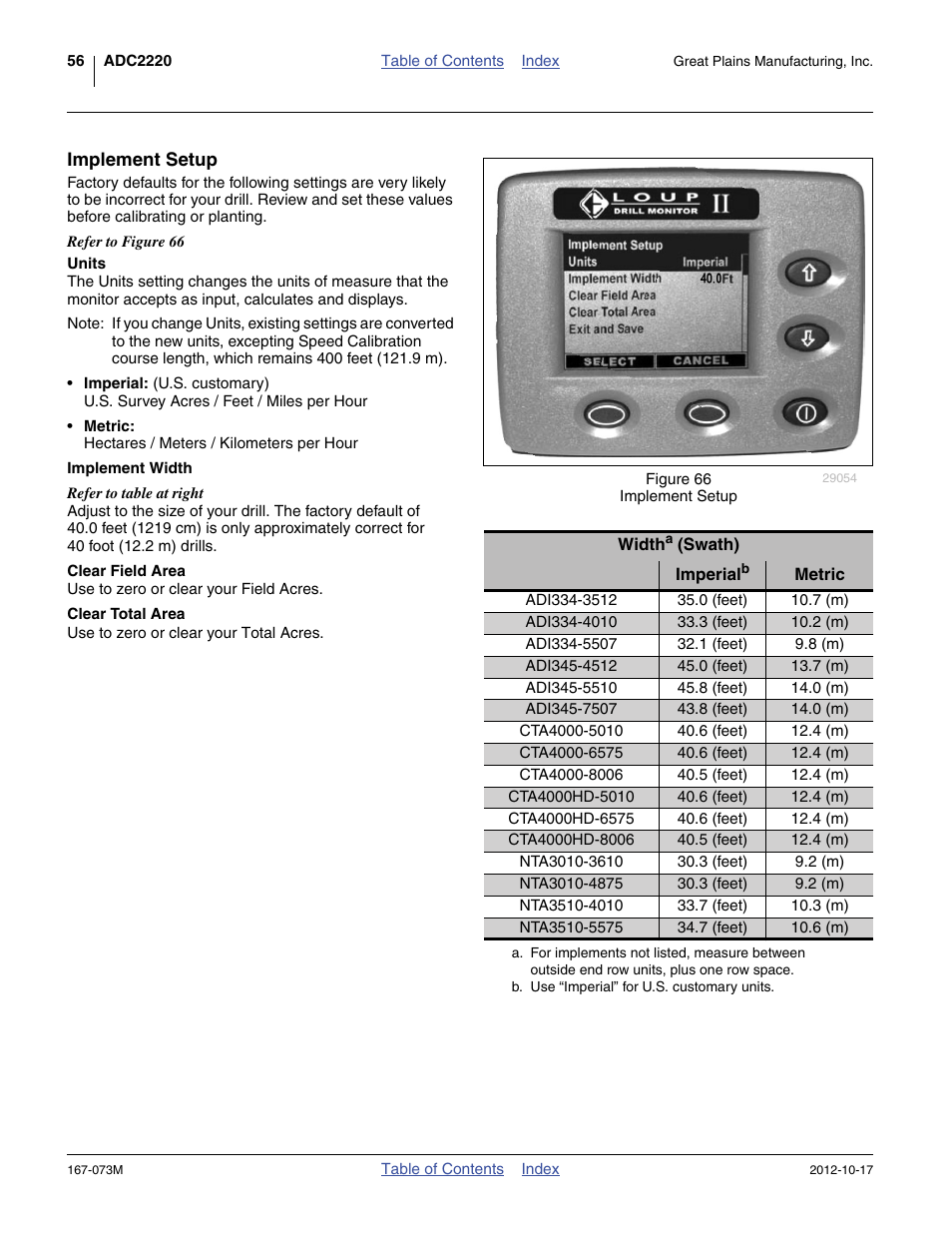 Implement setup, Units, Implement width | Clear field area, Clear total area | Great Plains ADC2220 Operator Manual User Manual | Page 60 / 136