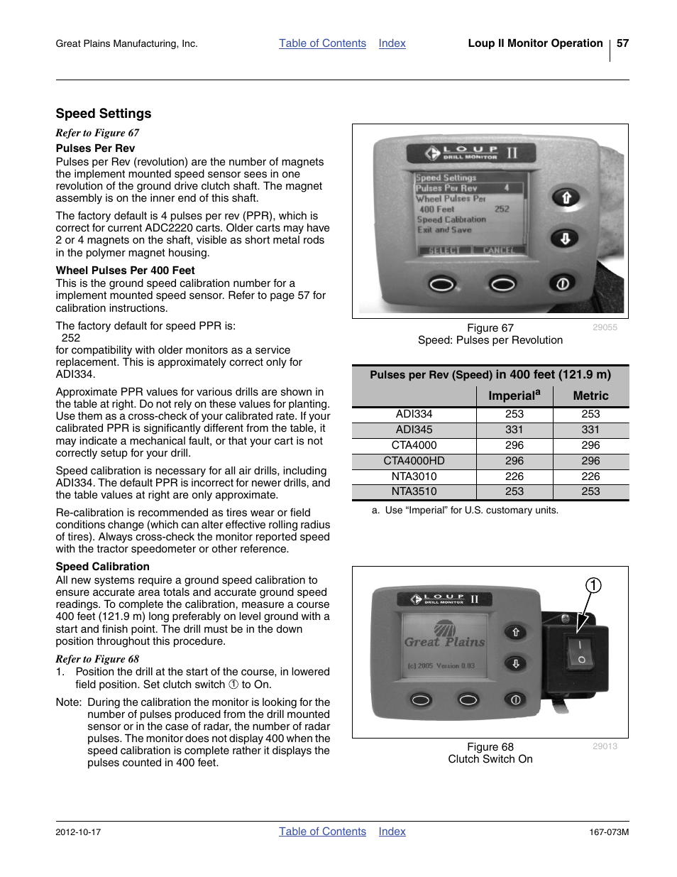 Speed settings, Pulses per rev, Wheel pulses per 400 feet | Speed calibration, Wheel pulses per 400 feet speed calibration | Great Plains ADC2220 Operator Manual User Manual | Page 61 / 136