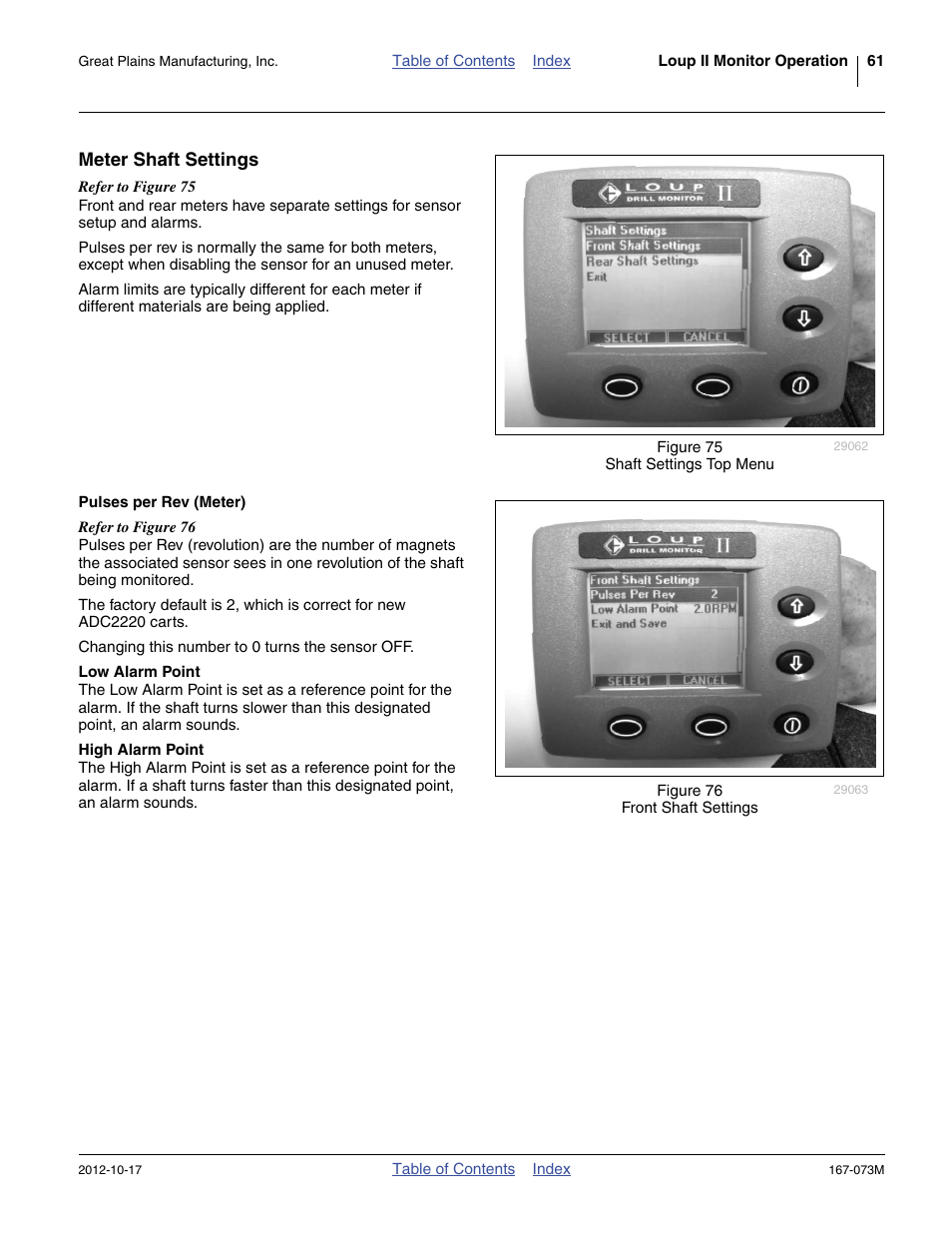 Meter shaft settings, Pulses per rev (meter), Low alarm point | High alarm point | Great Plains ADC2220 Operator Manual User Manual | Page 65 / 136